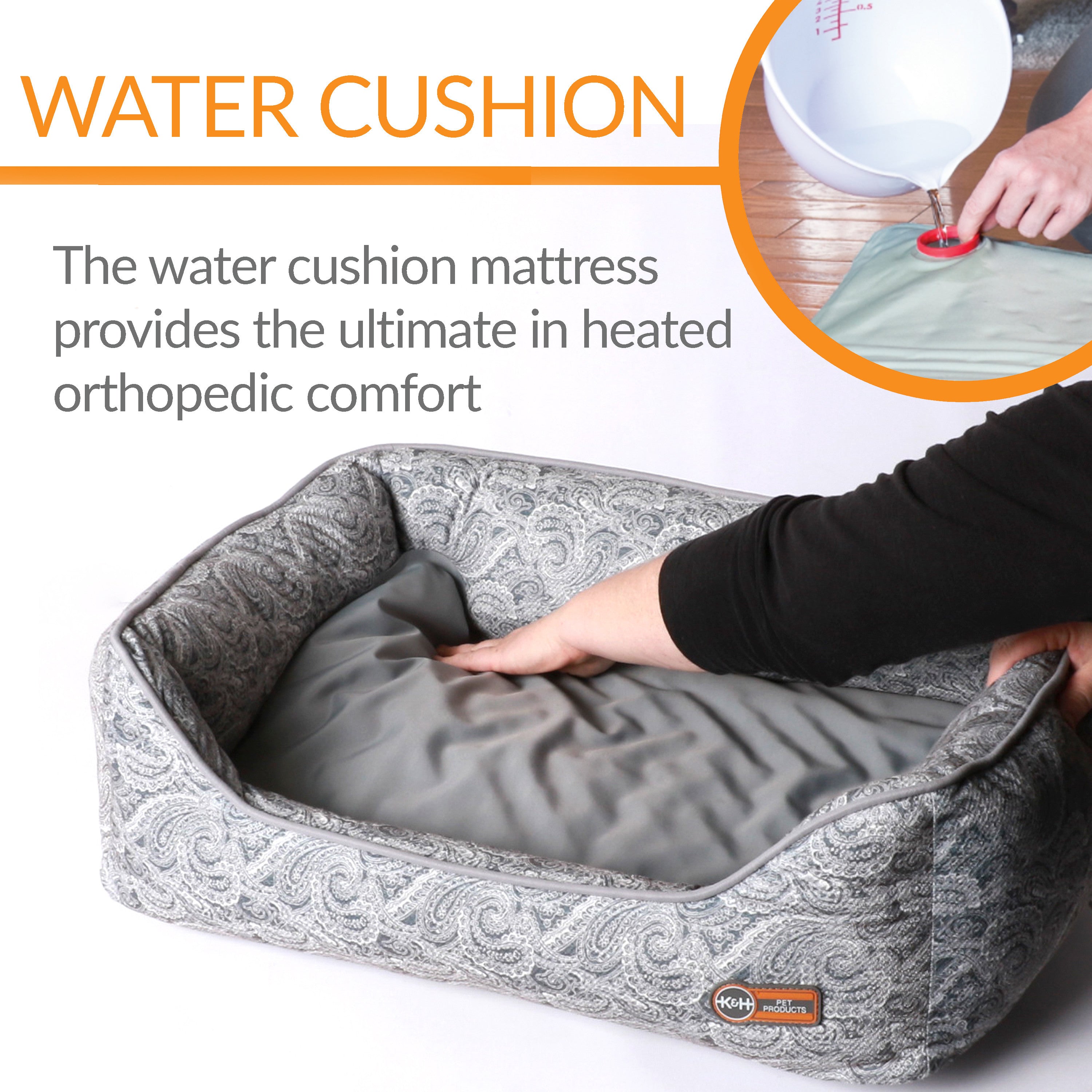KandH Pet Products Thermo-Water Bolster Heating and Cooling Dog Bed Gray Paisley Medium 20 X 26 Inches