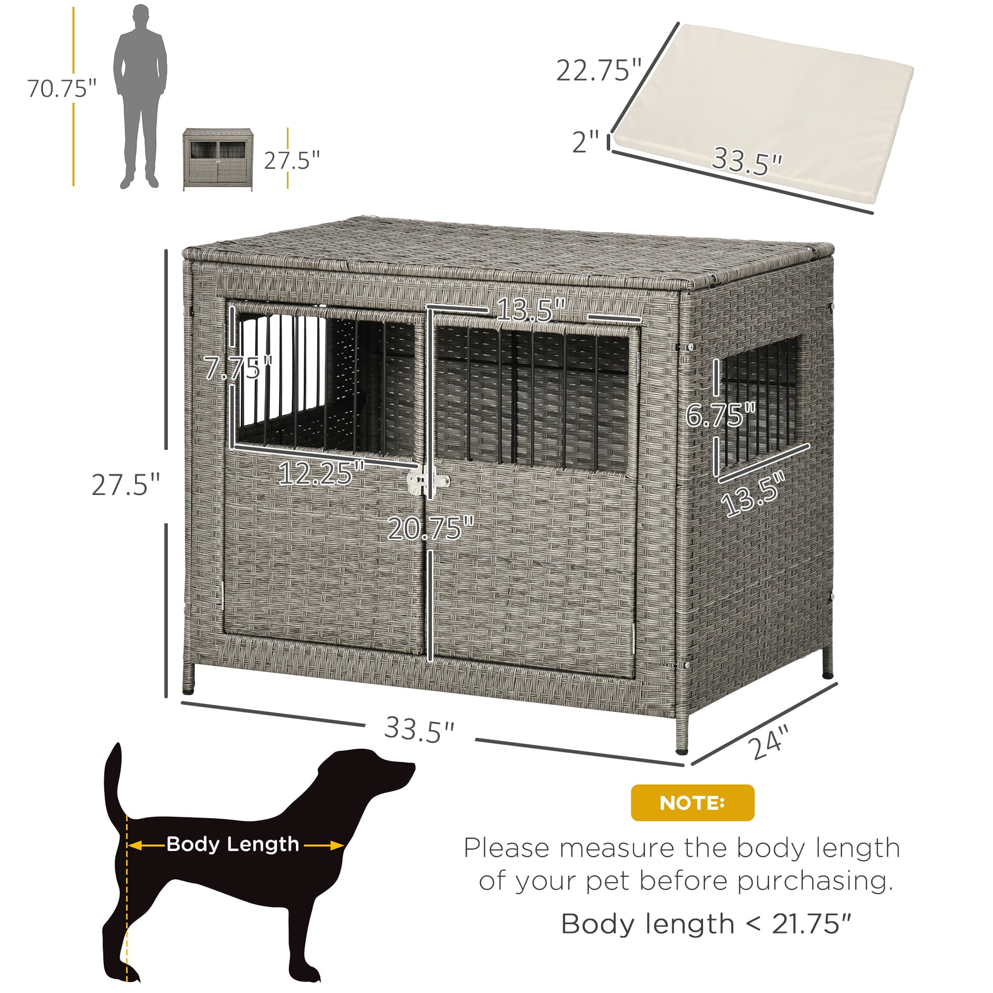 PawHut Rattan Dog Crate with Double Doors， Wicker Dog Cage with Large Entrance and Soft Washable Cushion， Dog Kennel Furniture for Medium to Large Sized Dogs， Grey