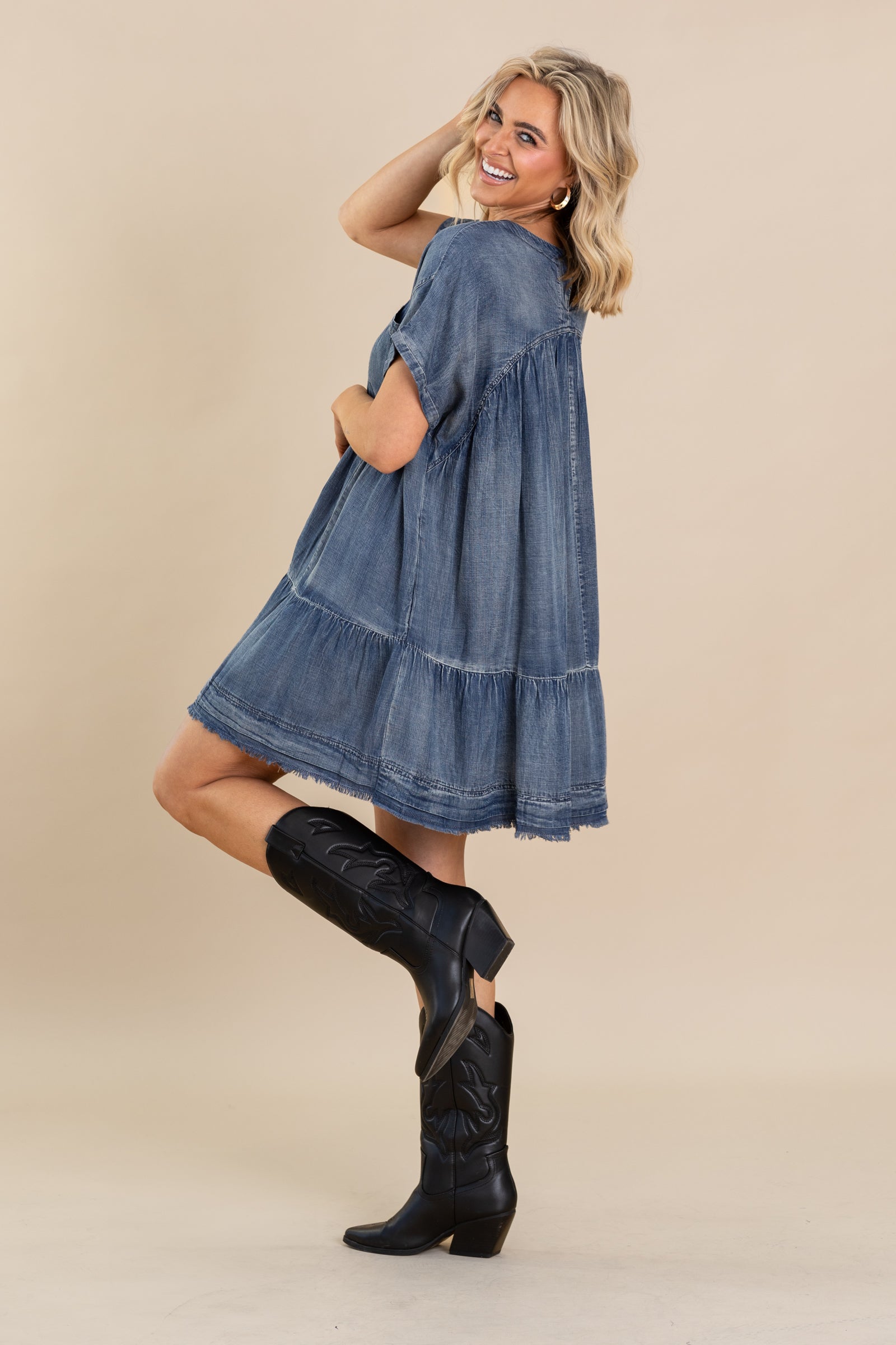 Denim Washed Chambray Oversized Tier Dress