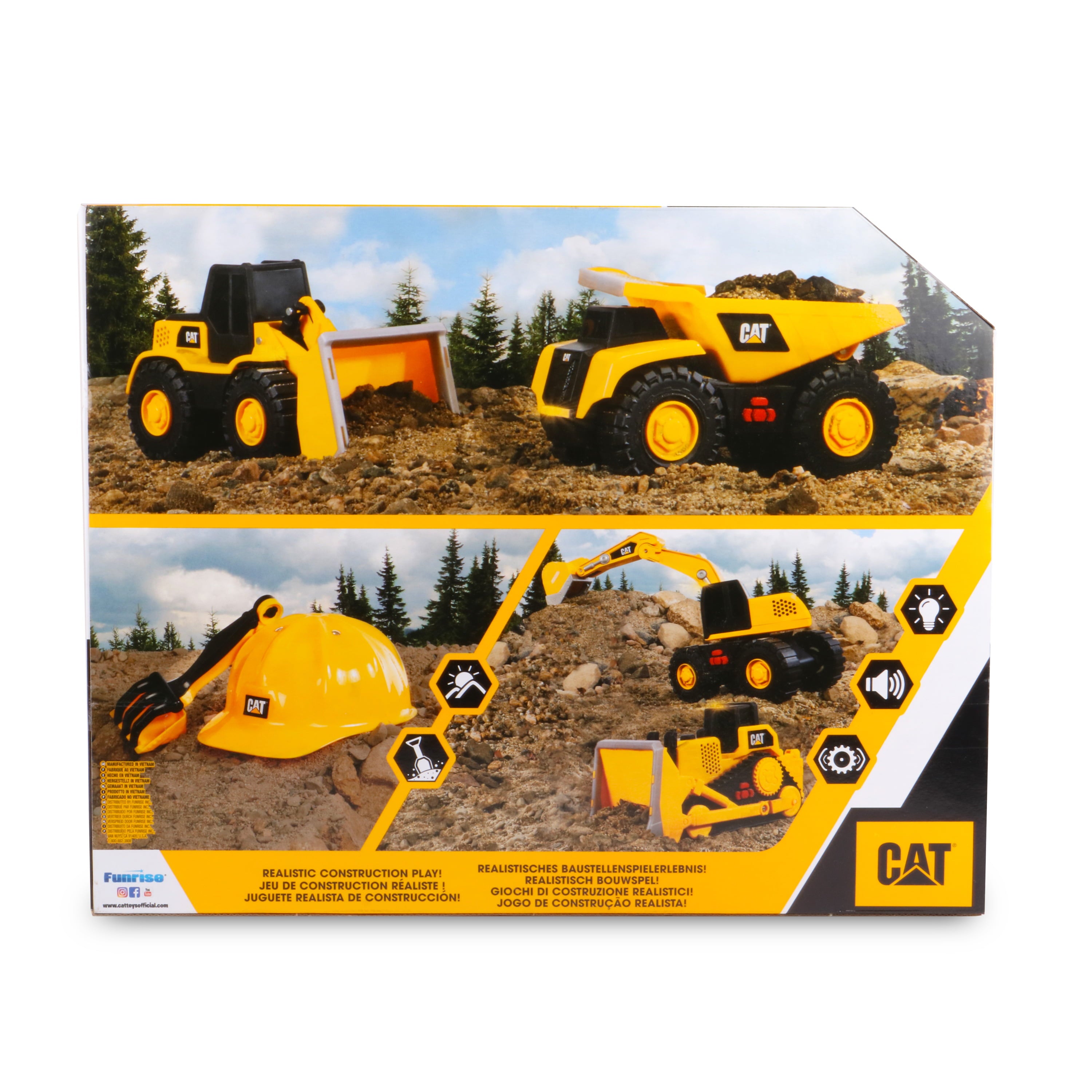 Cat Tough Machines Light and Sound Toy Vehicle Set Including Bonus Hard Helmet. Includes Cat Officially Licensed Dump Truck and Front End Loader.