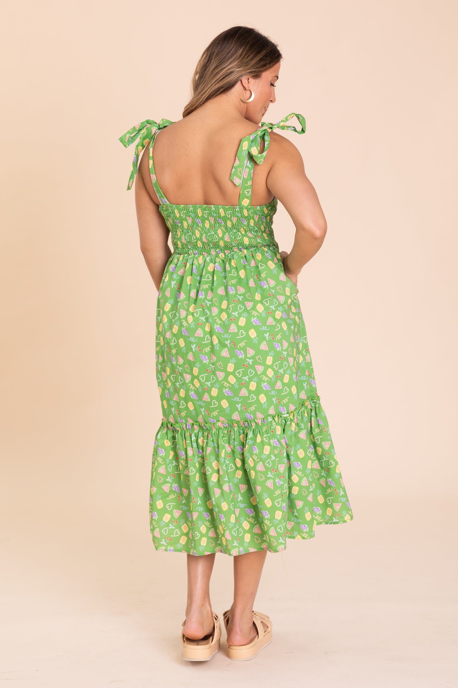 Green With Fruit Tiered Midi Sundress