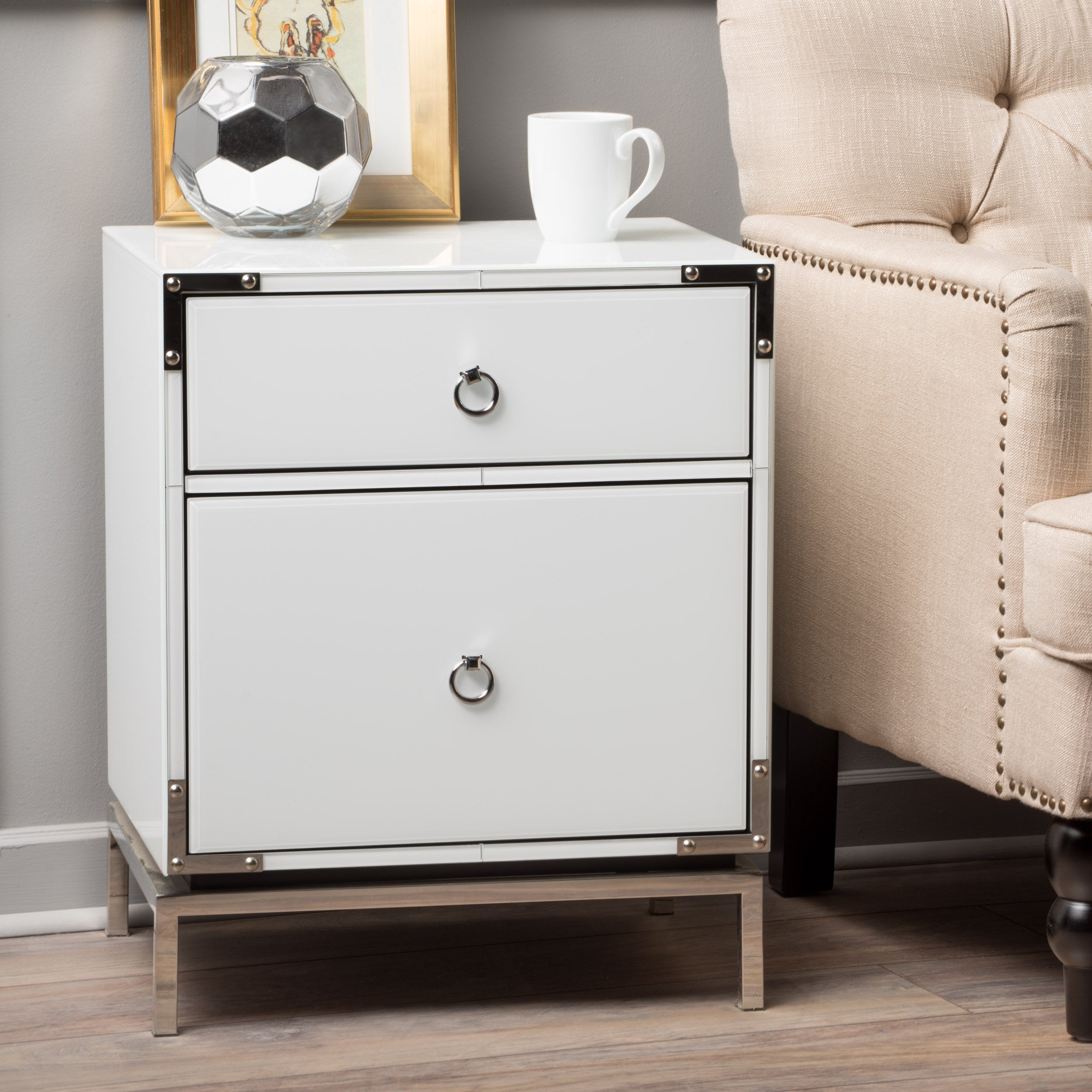 Danea White Glass 2 Drawer Bedside Table