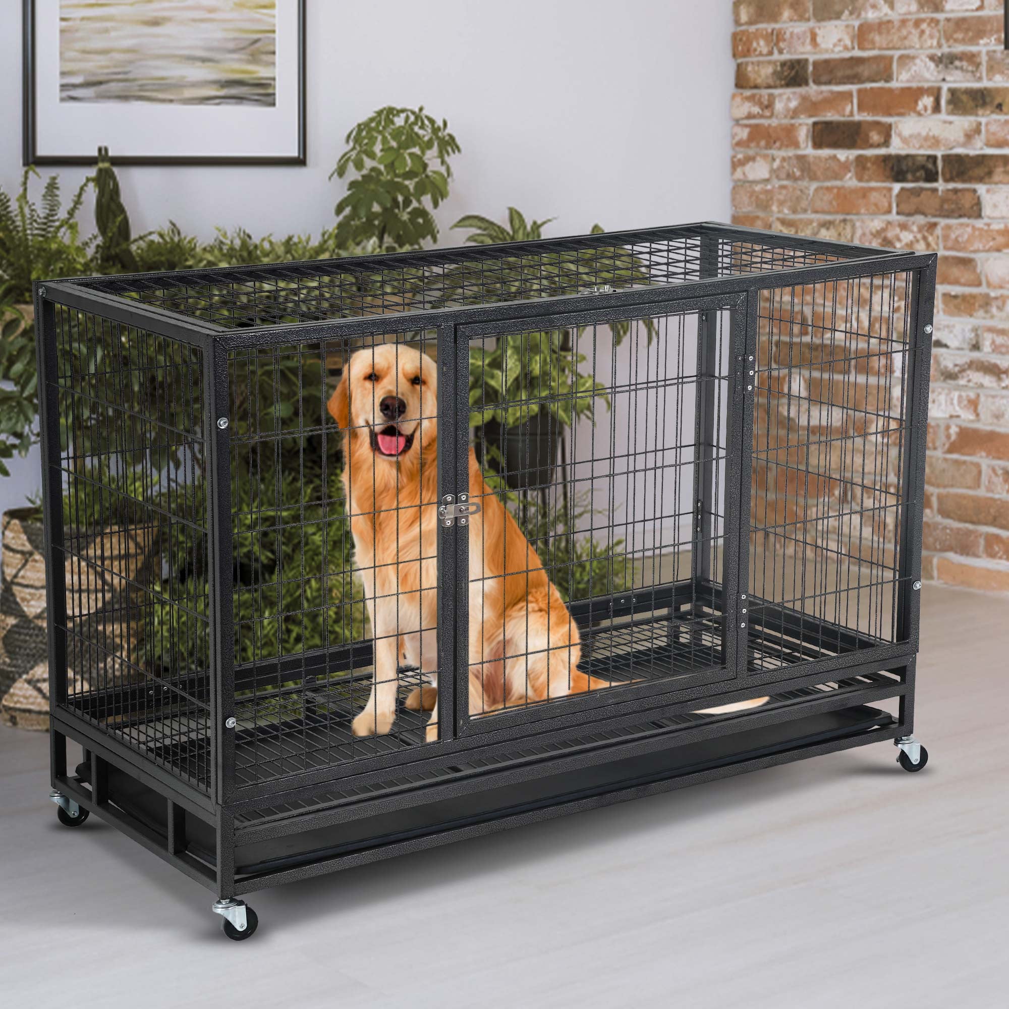 YRLLENSDAN 48 inch XL Large Dog Crate for Large Dogs， Heavy Duty Dog Crates and Kennels with Wheels Plastic Tray Double-Door Lockable Outdoor Metal Pet Dog Cage for Medium Small Dogs
