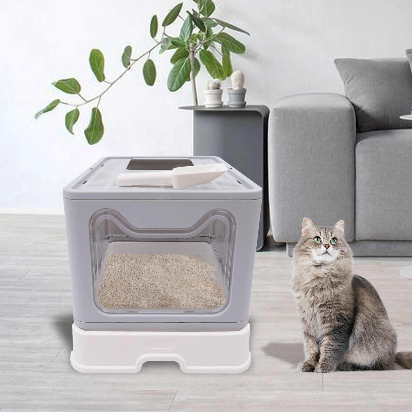 Anqidi Gray Foldable Cat Litter Box Drawer Type Large Space PP+PC Pet Toilet with Cat Sand Shovel