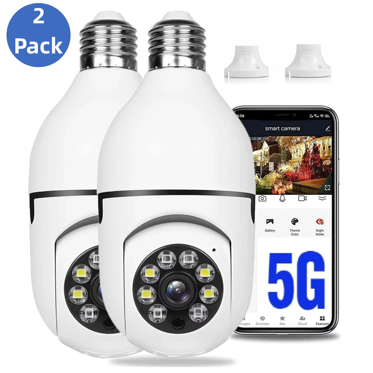 2PCS Wireless Security Cameras， Full HD 1080P Wireless Outdoor Light Bulb Camera， 2.4G and 5G Light Bulb Security Camera for Home Surveillance， Security Cameras Wireless Outdoor