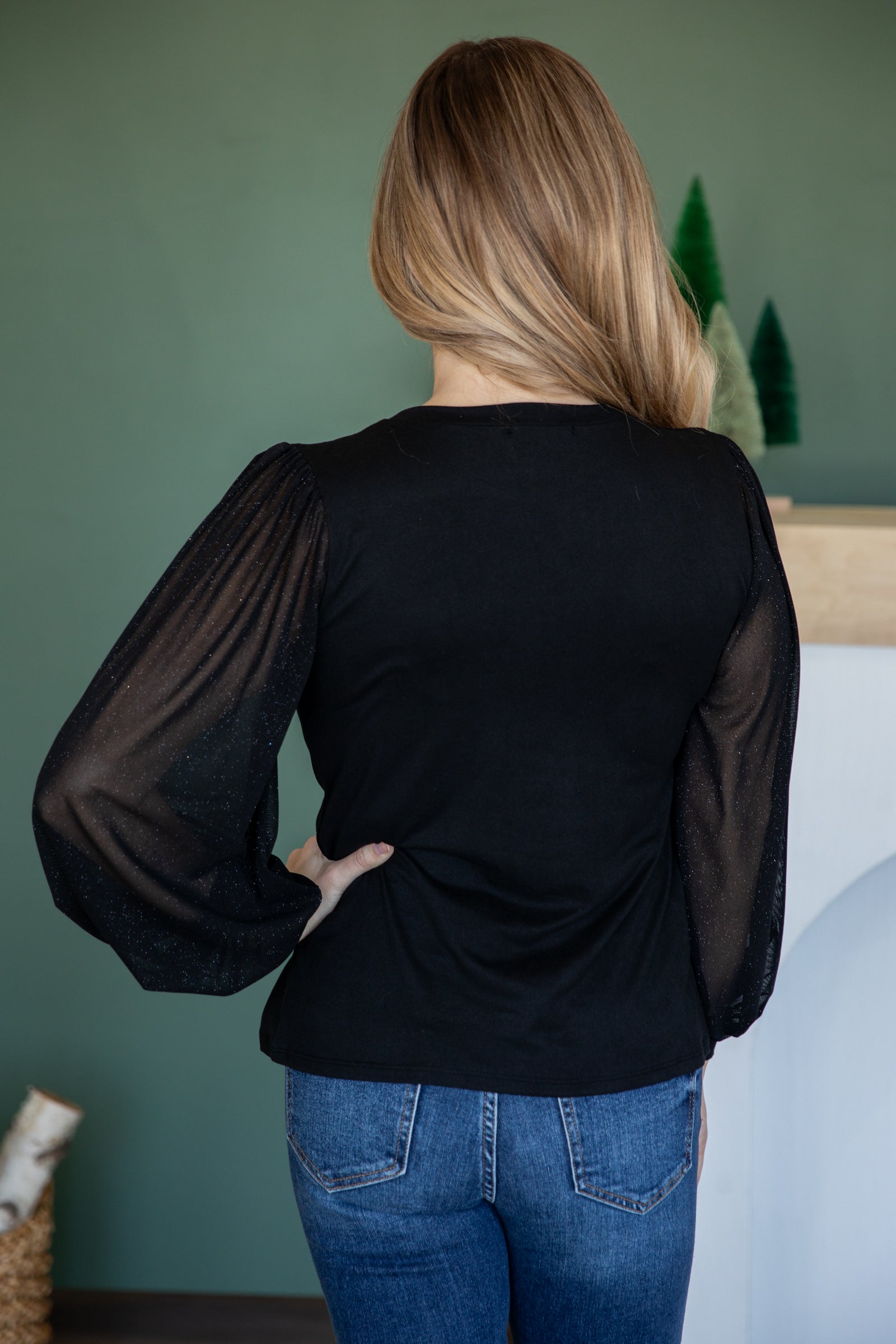 Black Mesh Balloon Sleeve Top With Lurex