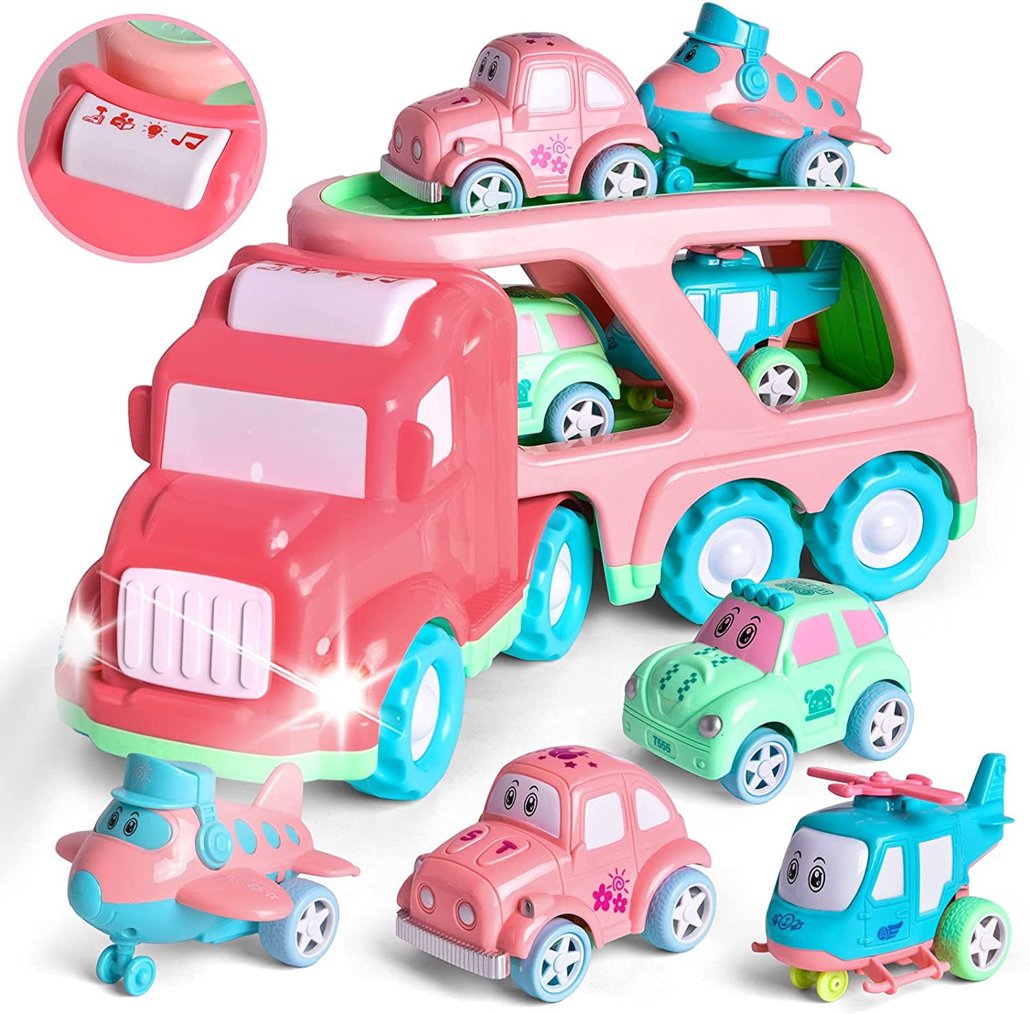 Fun Little Toys Cartoon Vehicles Car Carrier Truck Pink Toy for Girls with Lights and Sounds， Toys for 2 3 4 Year Old Girls， 5 in 1 Push and Go Trailer