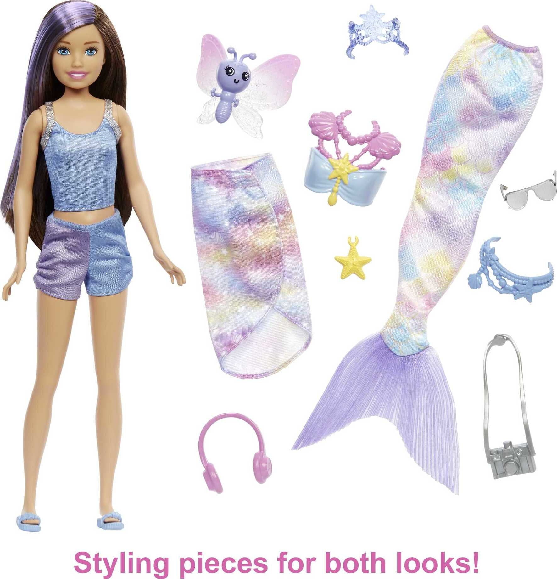 Barbie Mermaid Power Skipper Doll with 10 Pieces including Mermaid Tail, Pet and Accessories