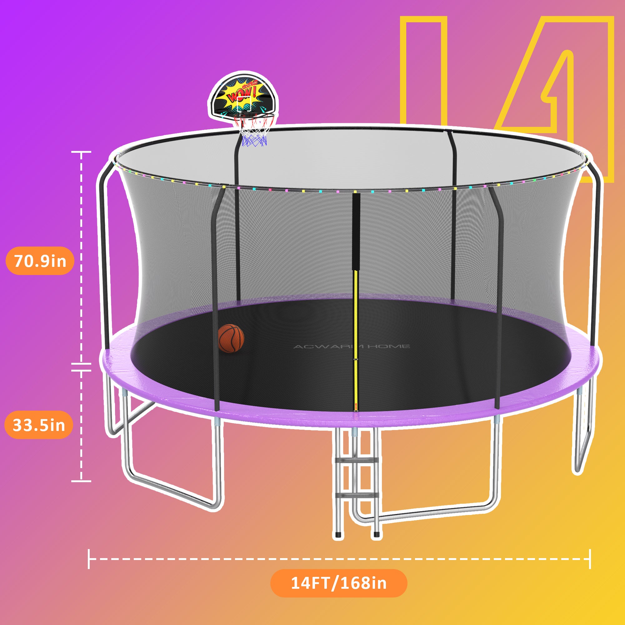 ACWARM HOME 14FT Purple Outdoor Trampoline with Basketball Hoop