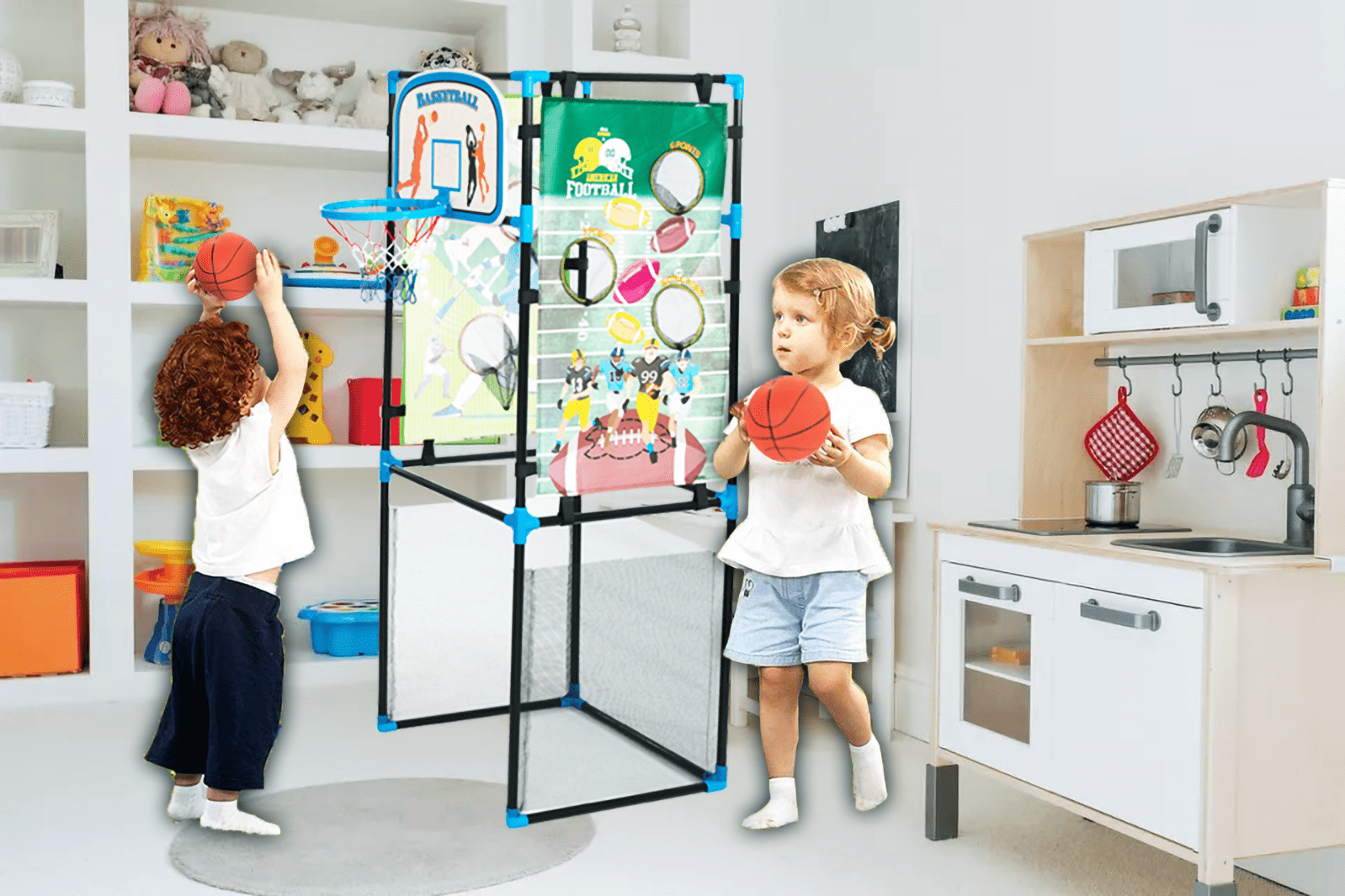 Kids Basketball Game Set - Portable Hoop Game Toy with Ball and Pump-Indoor and Outdoor Sports Arcade - Soccer Football Baseball Great Baseball Gift (4 in 1 Basketball， Football， Baseball and Soccer)