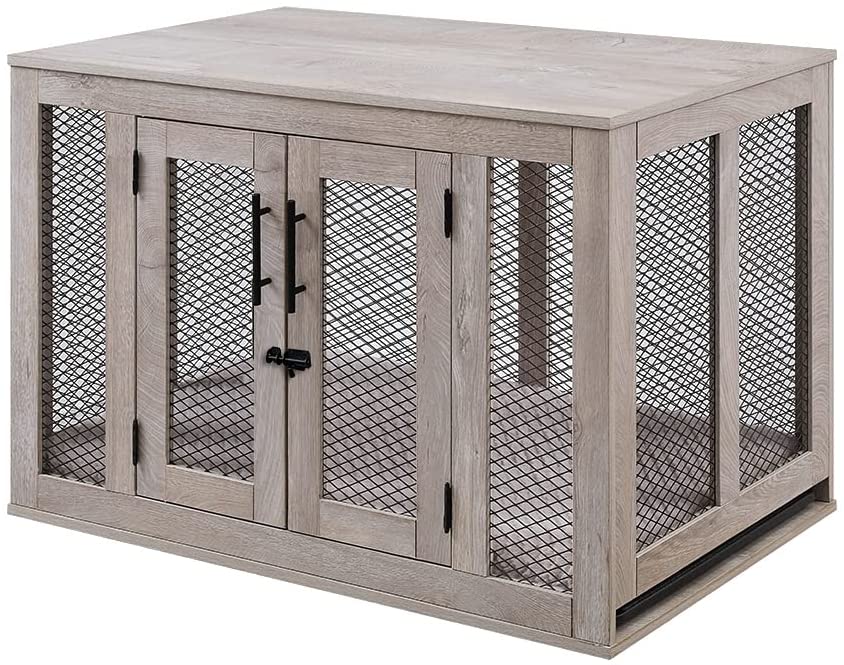 Unipaws Dog Crate Furniture with Cushion and Tray， Metal Mesh Dog Kennels with Double Doors， Medium Pet Kennel End Table Indoor， Gray