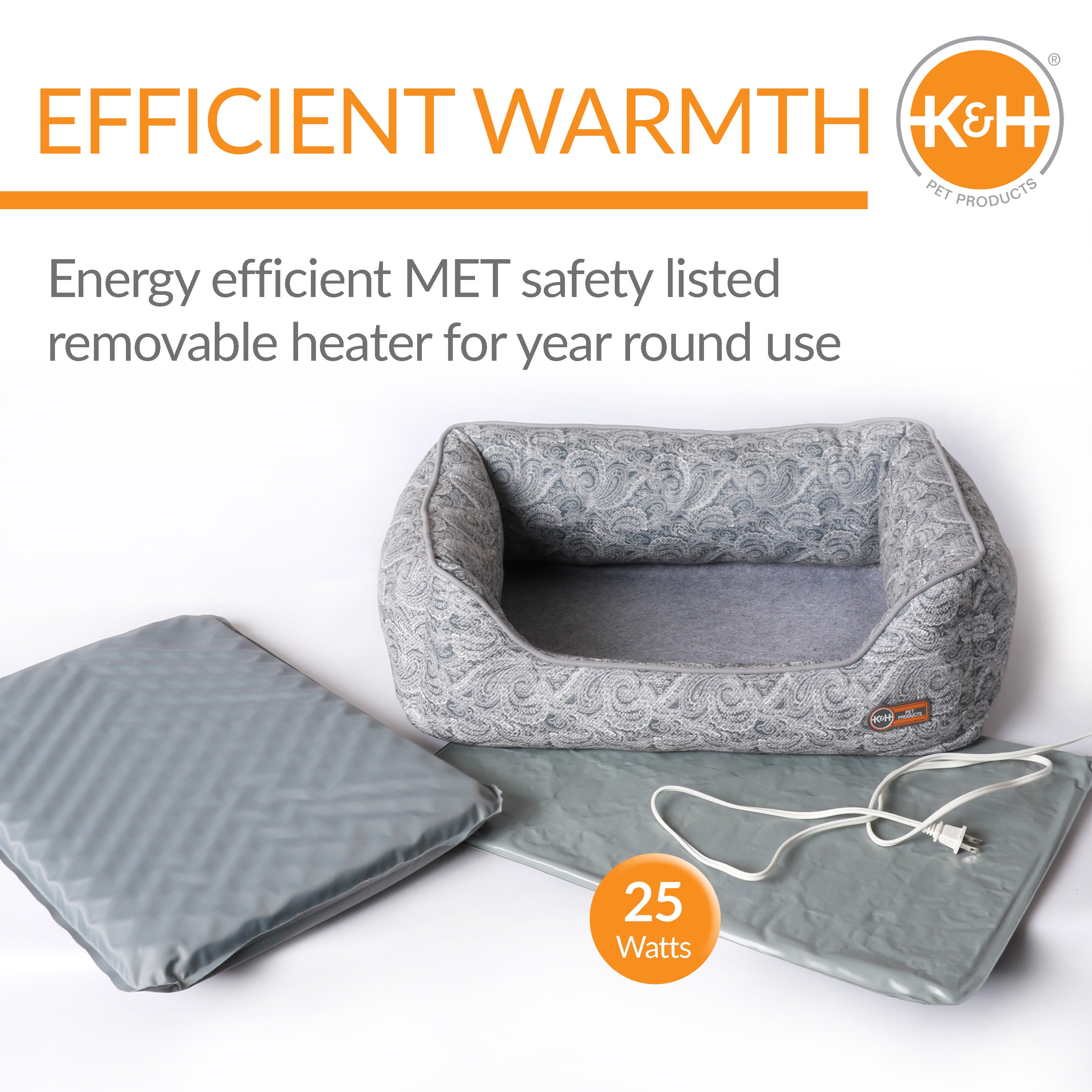 KandH Pet Products Thermo-Water Bolster Heating and Cooling Dog Bed Gray Paisley Medium 20 X 26 Inches