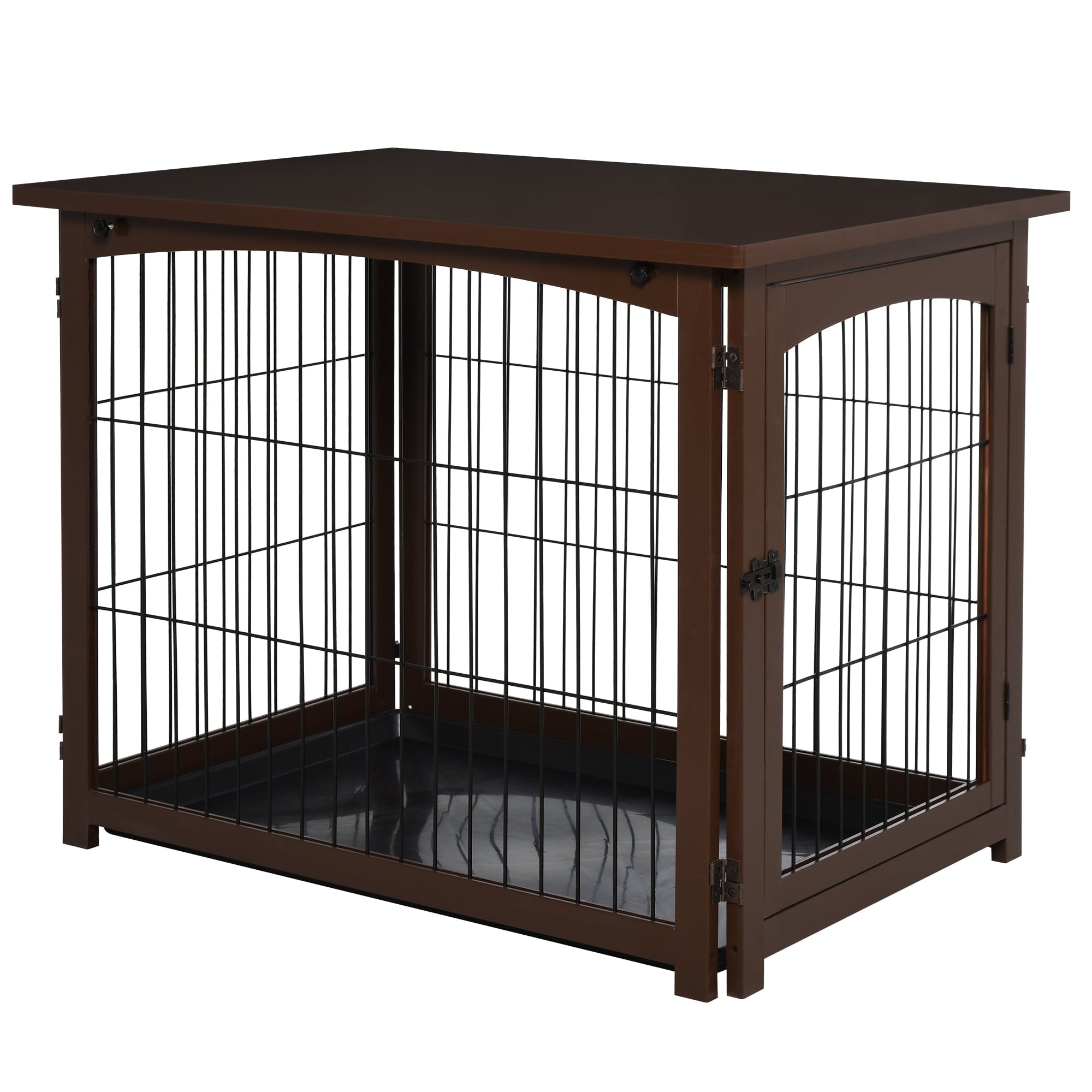 Pawhut Wooden Decorative Dog Cage Pet Crate Fence Side Table Small Animal House with Tabletop， Lockable Door， Brown