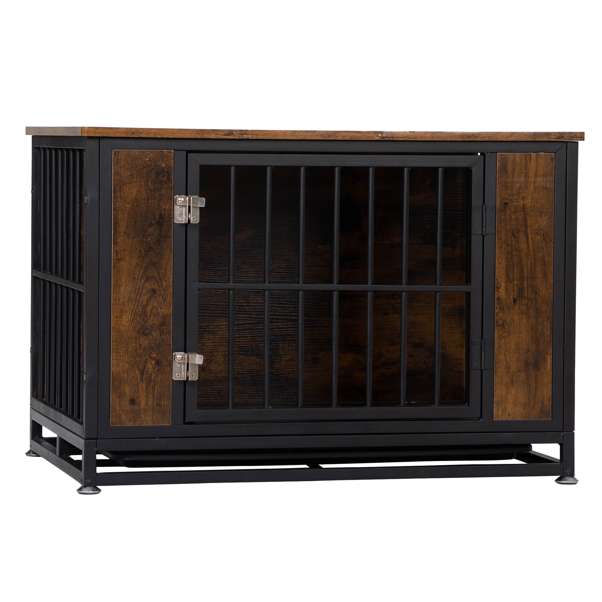 33 Inches Dog Crate Furniture， Heavy Duty Decorative Pet Cage Kennel with Tabletop， Wood Metal Dog House Indoor with Removable Tray for Small Dog