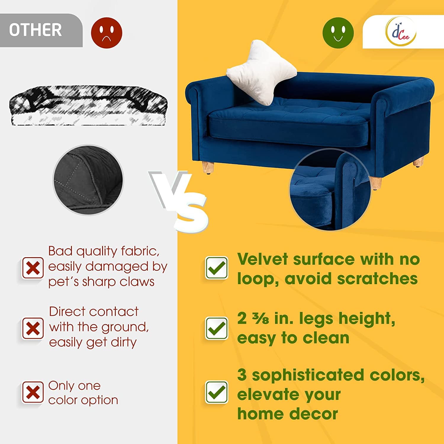 dCee Pet Sofa - Soft Pet Bed for Medium Pet， Comfort Sleep with Removable Cushion Cover， Navy