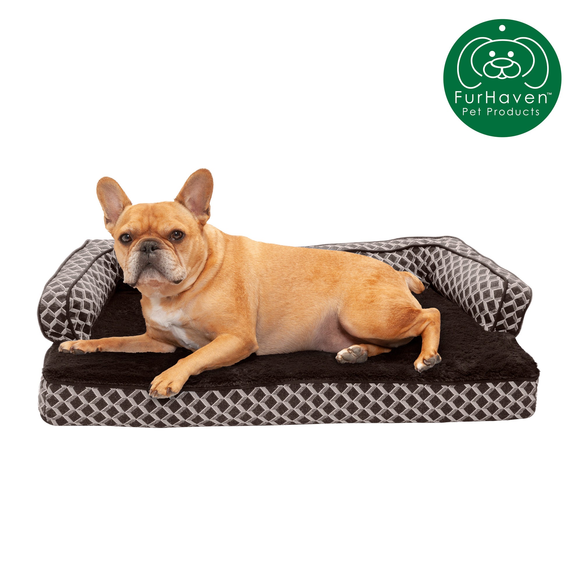FurHaven Pet Products | Memory Foam Plush and Decor Comfy Couch Sofa-Style Pet Bed for Dogs and Cats， Diamond Brown， Medium