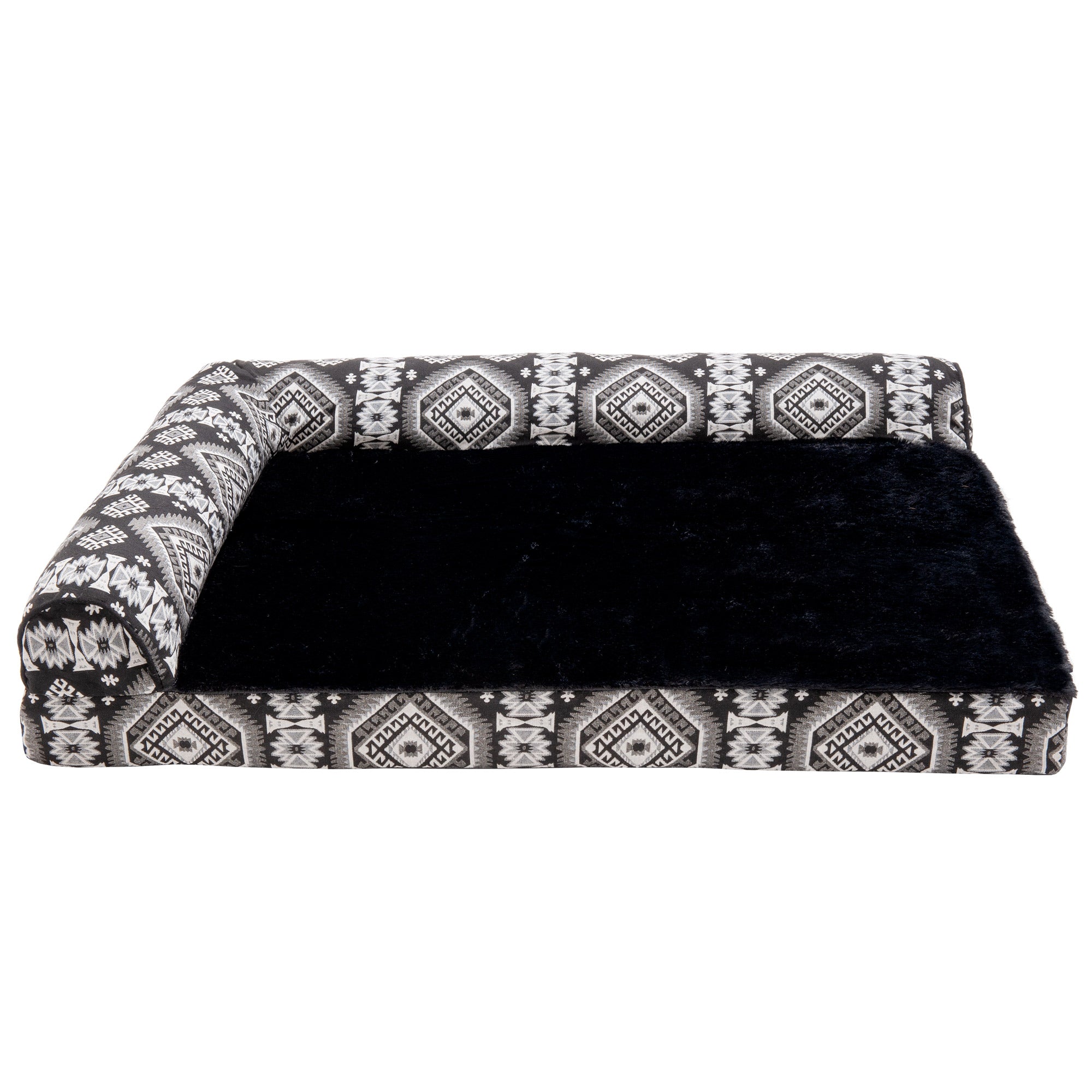 FurHaven Pet Dog Bed | Deluxe Memory Foam Southwest Kilim L-Shaped Chaise Couch Pet Bed for Dogs and Cats， Black Medallion， Large
