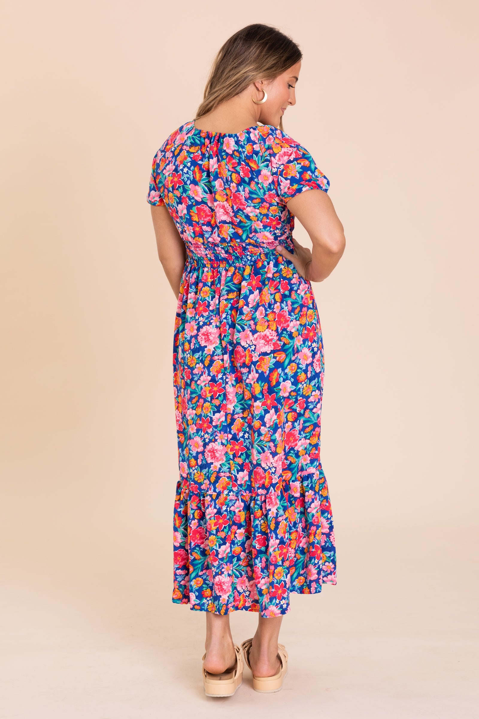 Navy And Wine Floral Smocked Maxi Dress