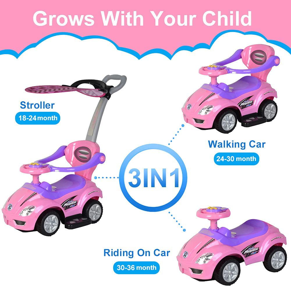 ChromeWheels 3 in 1 Ride on Toys Pushing Car with Removable Sun Visor Pink