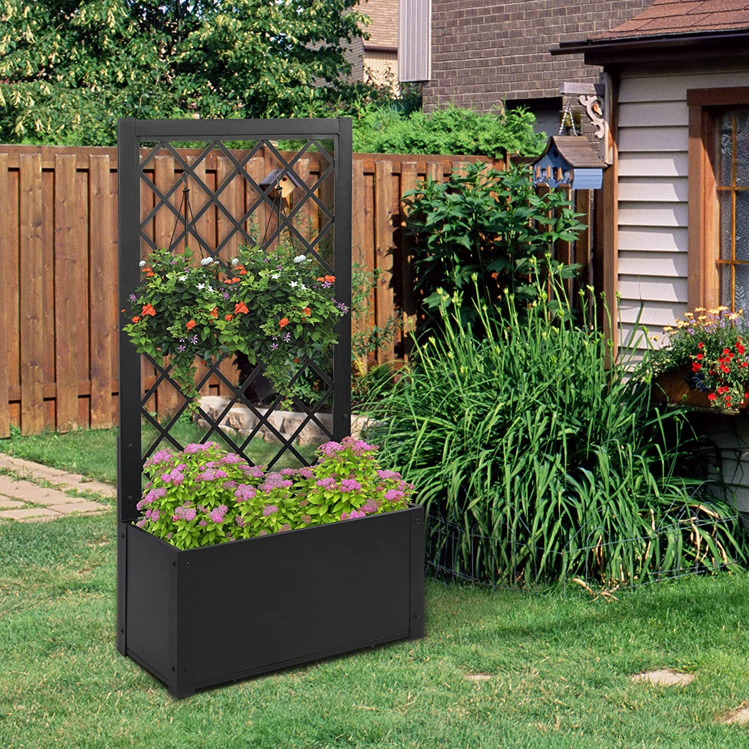 REDCAMP Metal Planter Box with Trellis, 48 Inch Height Raised Garden Bed with Trellis for Climbing Plants, Lattice and Flower for Patio Garden Indoor Outdoor