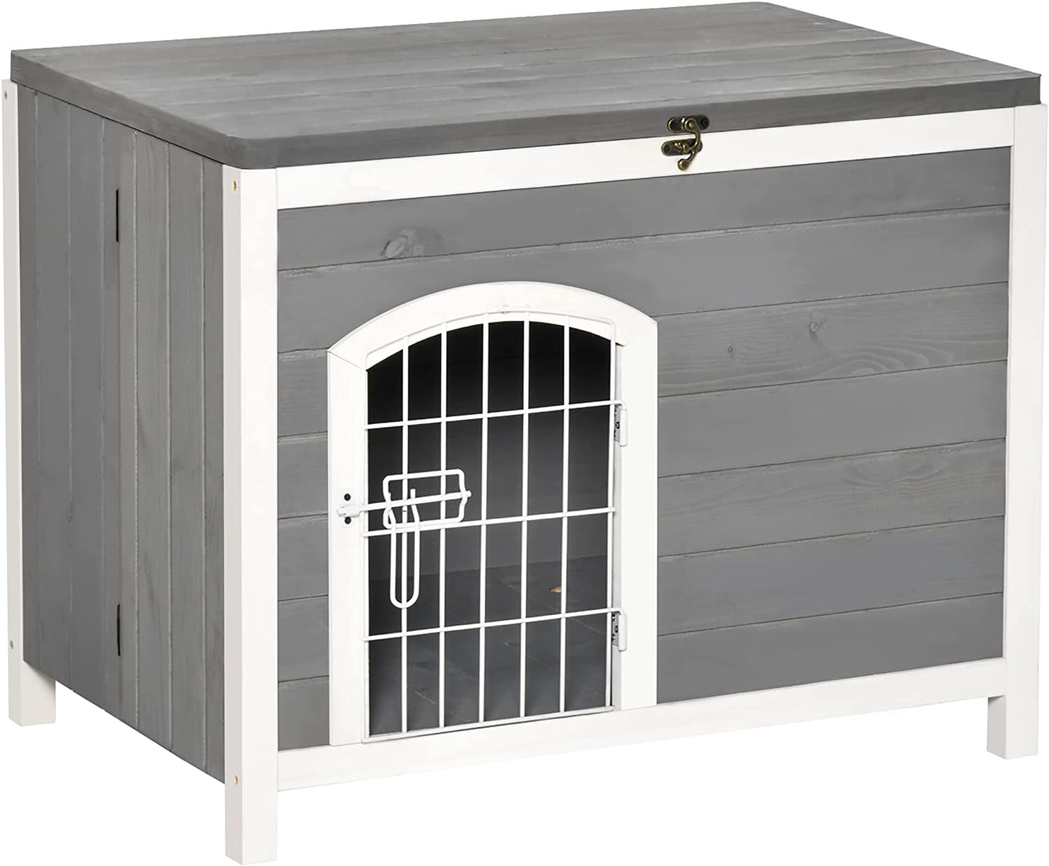 PawHut Foldable Wooden Dog House Raised Puppy Cage Kennel Cat Shelter for Indoor and Outdoor w/Lockable Door Openable Roof Removable Bottom for Small and Medium Pets Grey