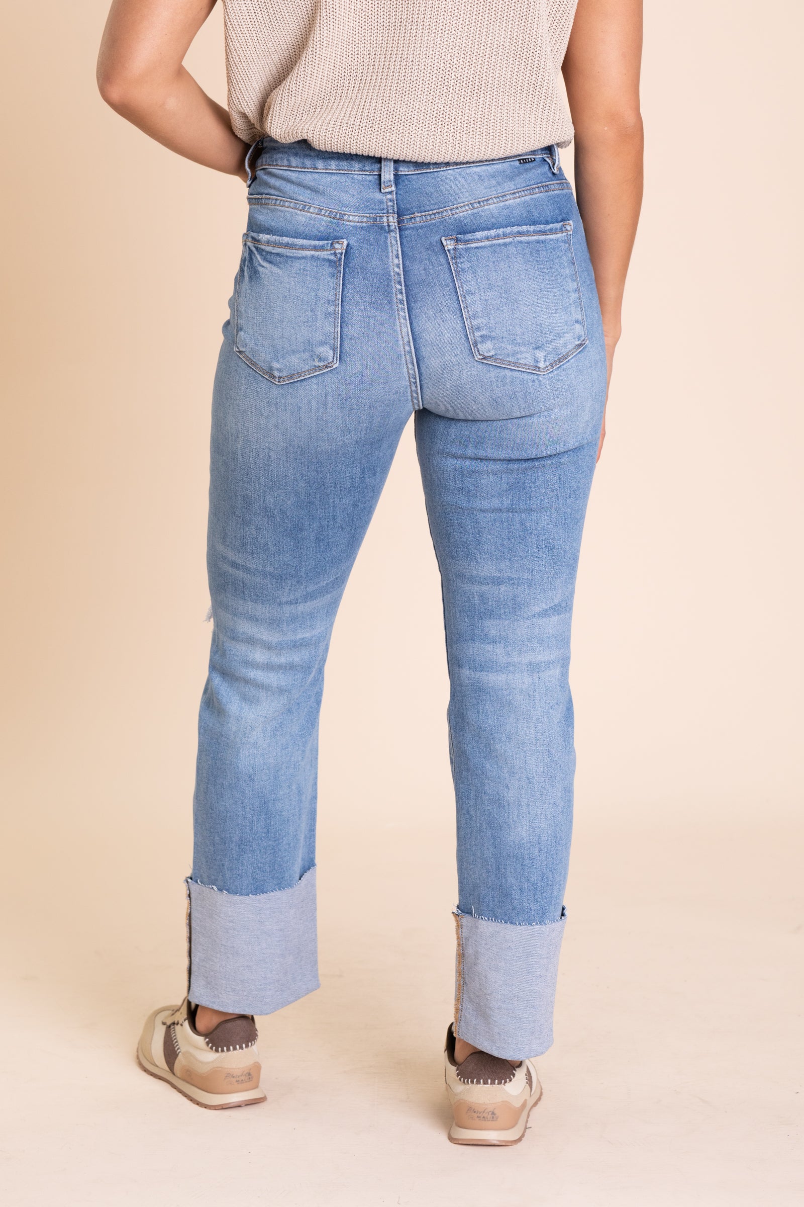 Risen Medium Wash Cuffed Straight Leg Jeans