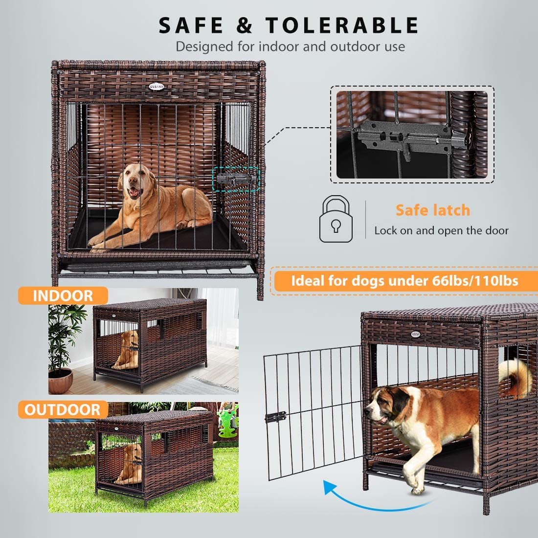DEStar Heavy Duty PE Rattan Wicker Pet Dog Cage Crate Indoor Outdoor Puppy House Shelter with Removable Tray and UV Resistant Cover (Medium - 23