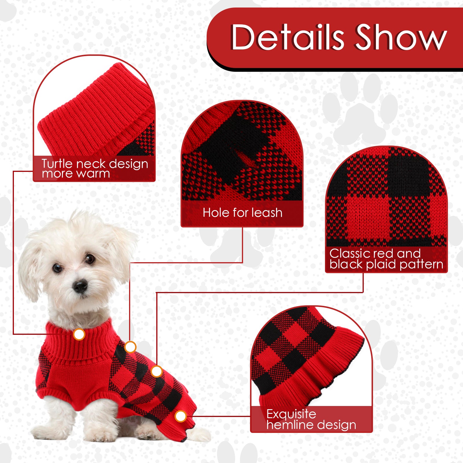 QBLEEV Pet Dog Sweaters Dress for Small Medium Dogs，Dog Knitwear Warm Turtleneck Pullover Puppy Sweater，Cute Pet Plaid Vest Dress with Leash Hole， Cozy Pet Fall Winter Clothes Christmas Apparel