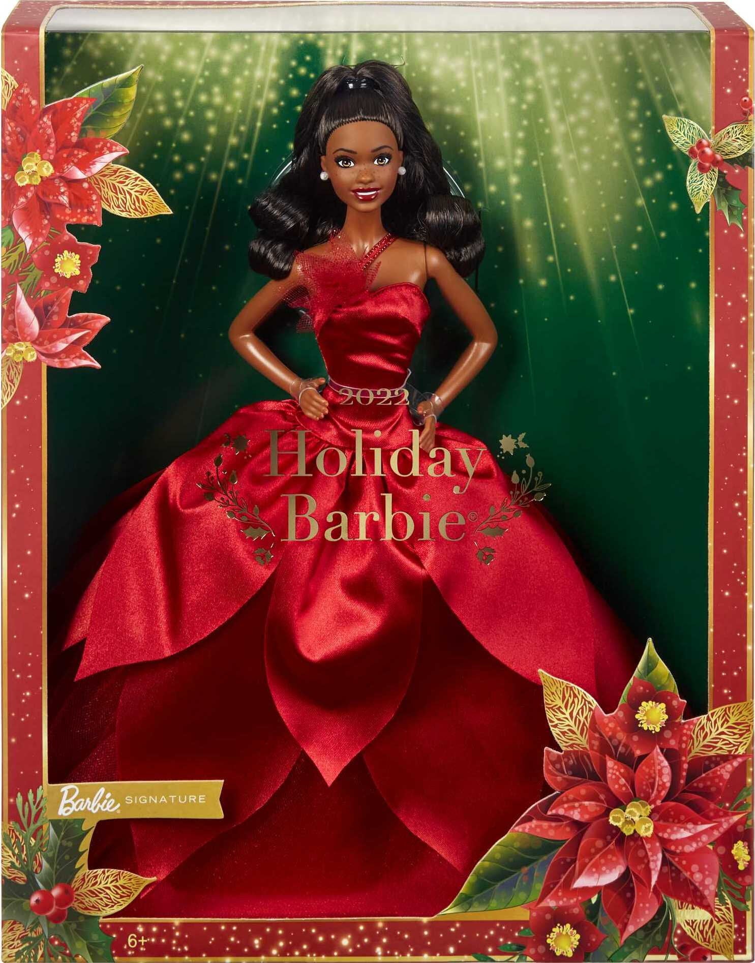 Barbie Signature 2022 Collectible Holiday Doll with Dark Brown Hair & Poinsettia Gown