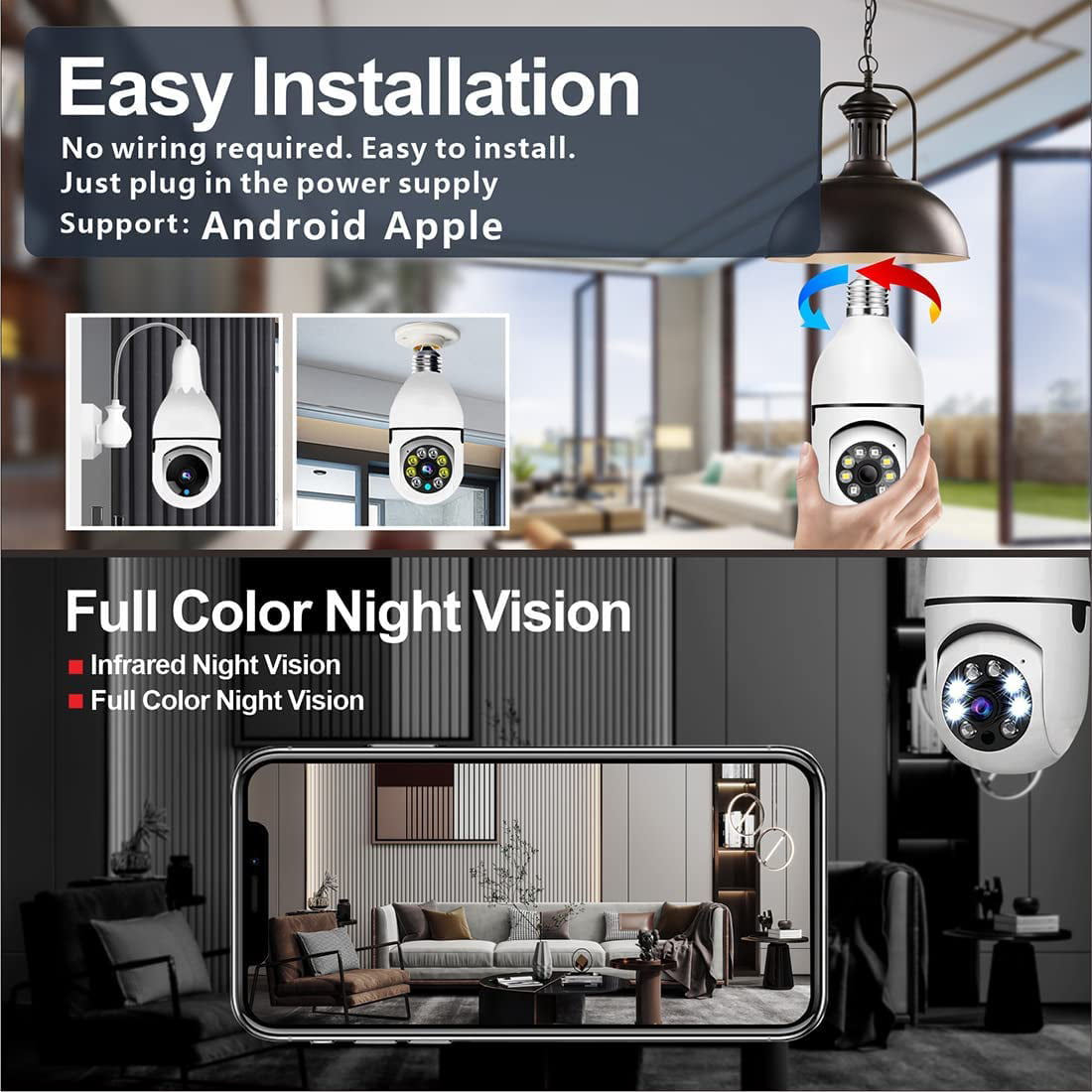 LUCKWOLF Light Bulb Camera， Outdoor Wireless Wi-Fi 2.4Ghz 360° Motion Detector Surveillance Camera， Two Way Talk/Night Vision/Light Bulb Camera with E27 Light Socket