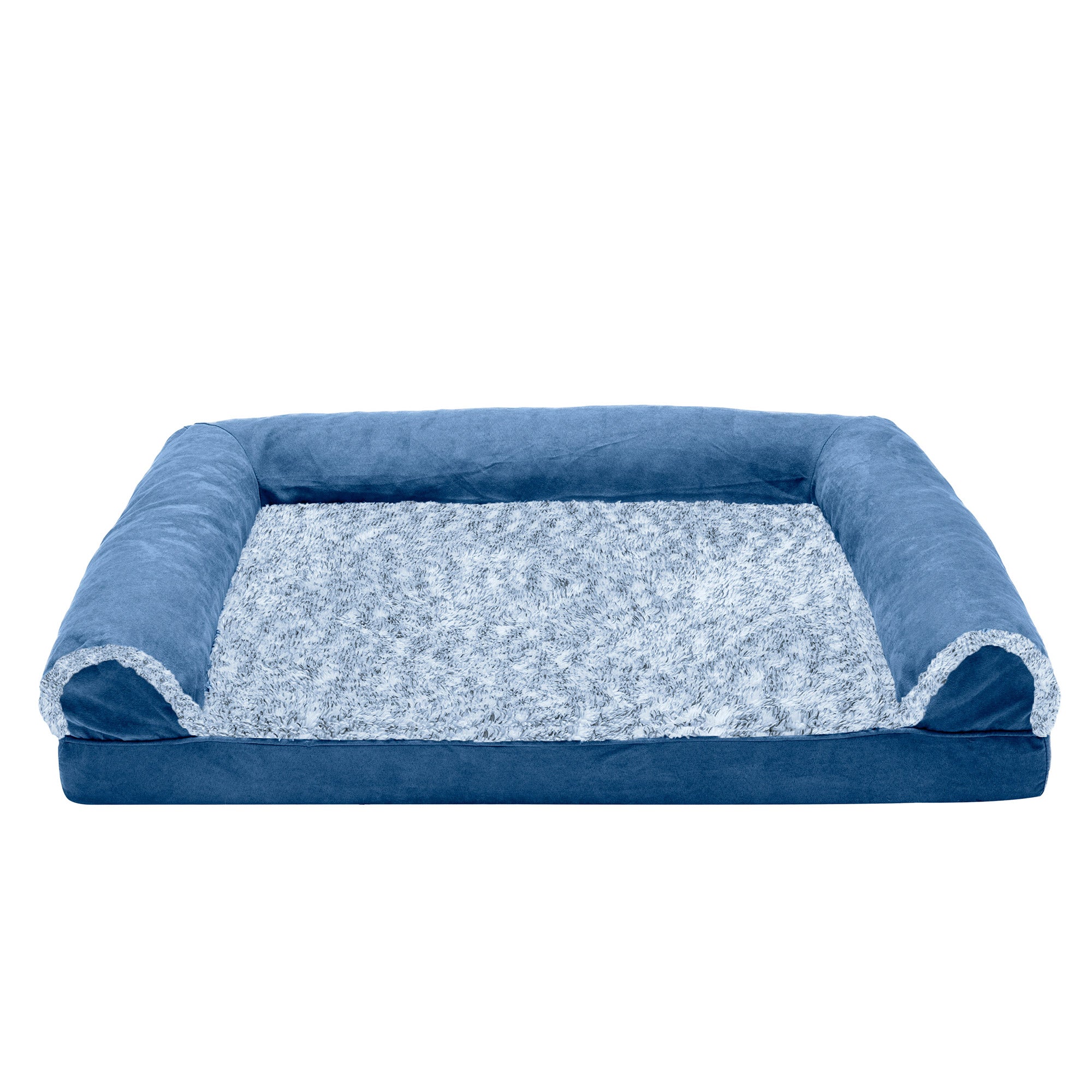 FurHaven Pet Products | Cooling Gel Memory Foam Orthopedic Two-Tone Faux Fur and Suede Sofa-Style Couch Pet Bed for Dogs and Cats， Marine Blue， Large