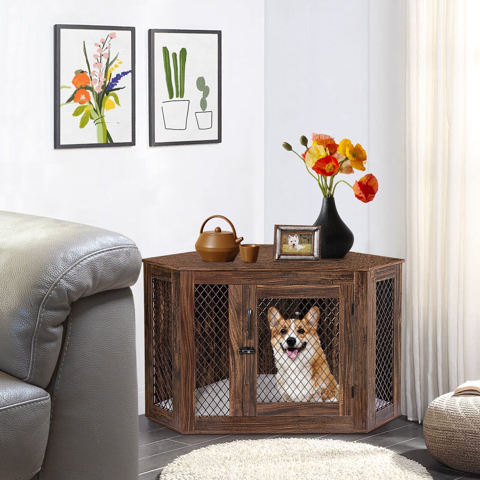 Dog Crate - Indoor Corner Cat And Dog Cage With Cushion(Medium/Large)