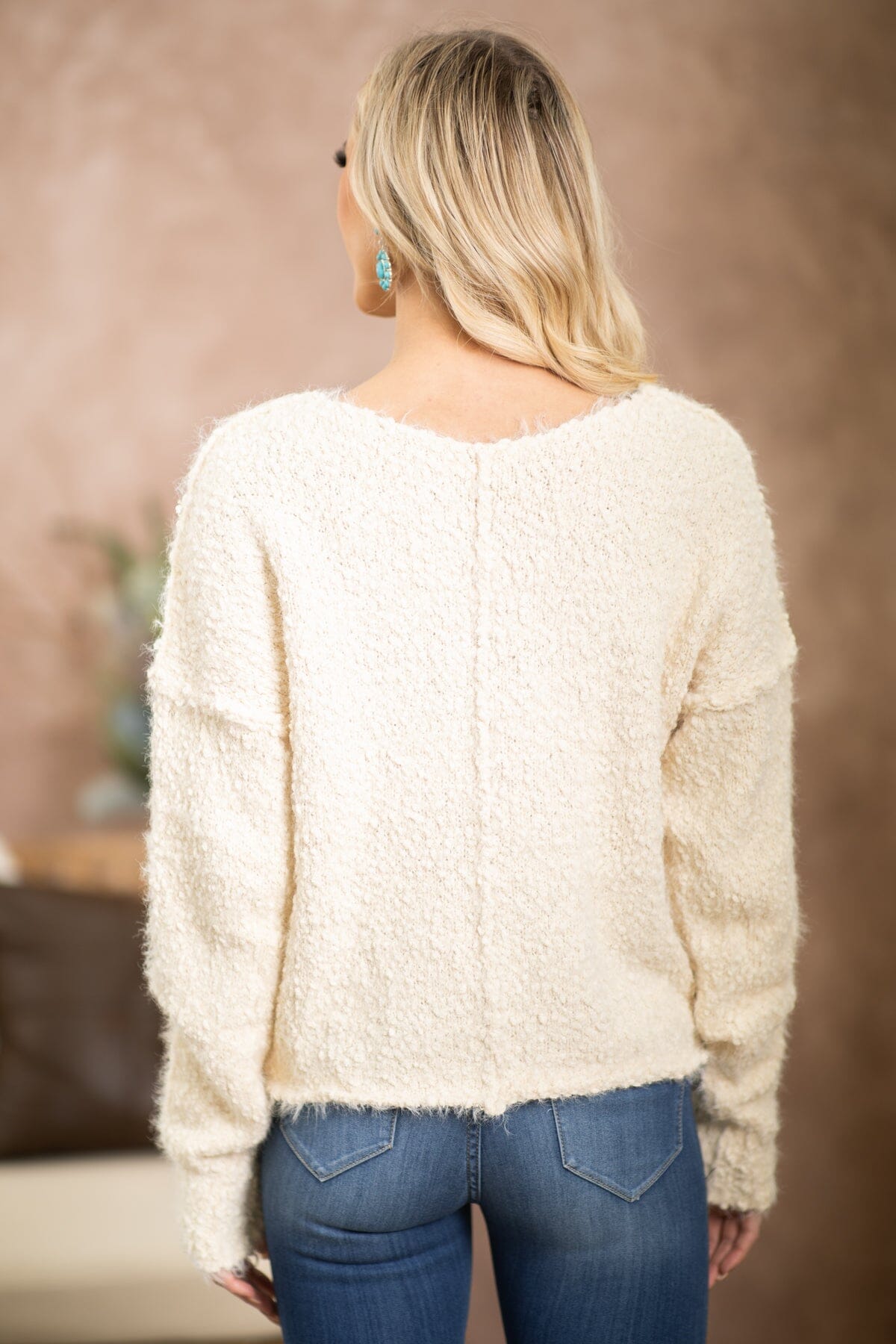 Cream V-Neck Eyelash Sweater