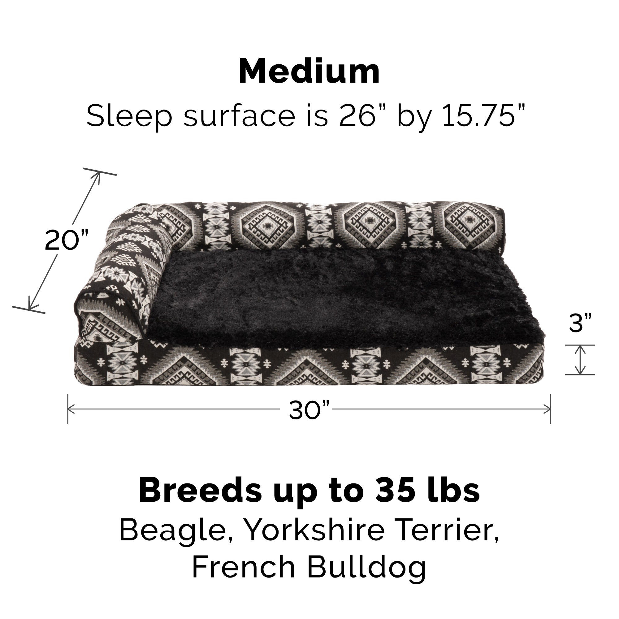 FurHaven | Deluxe Cooling Gel Southwest Kilim L-Chaise Lounge Pet Bed for Dogs and Cats， Black Medallion， Medium