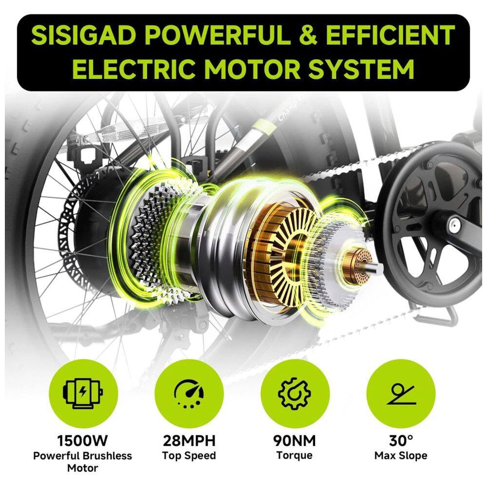 Bicicleta Elétrica Dobrável Sisigad 1500W Pico, Pneus Fat 20