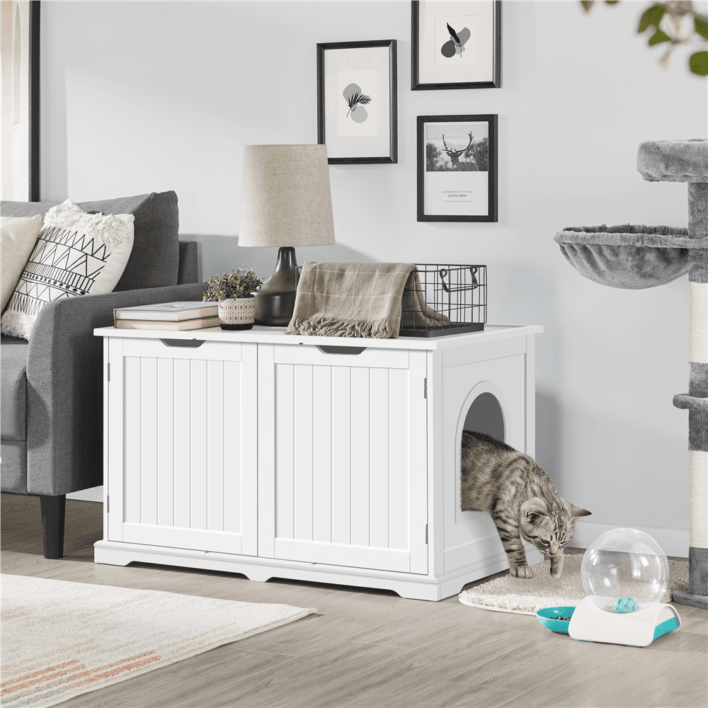 Topeakmart Wooden Cat Litter Box Enclosure with Partition Wall， White