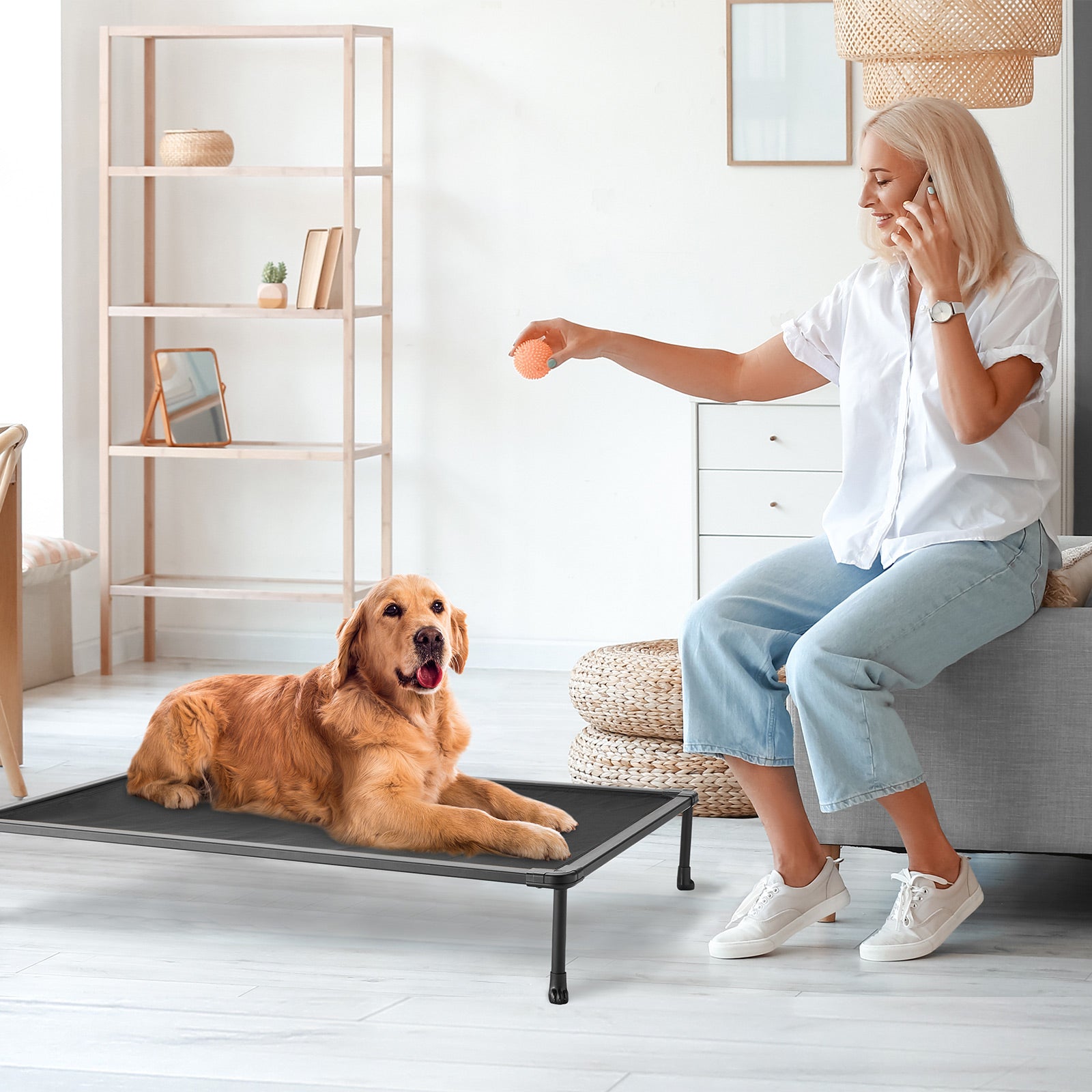 Veehoo Chewproof Dog Bed， Cooling Raised Dog Cots with Black Metal Frame， Large， Black