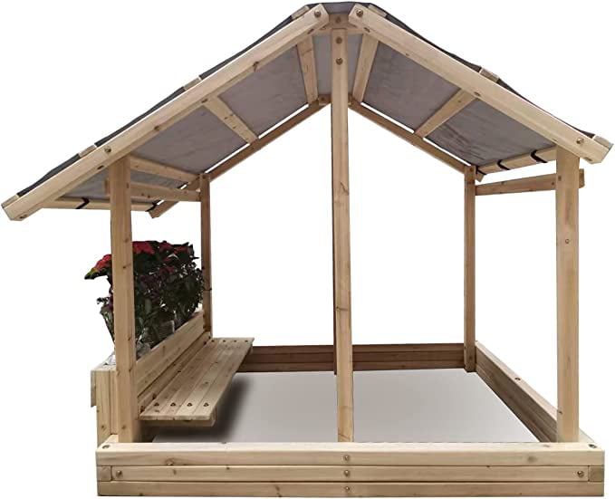 Funphix Dig n’ Play Wooden Sandbox Playhouse with Bench and Flower Planter， Outdoor Sand Pit for Kids
