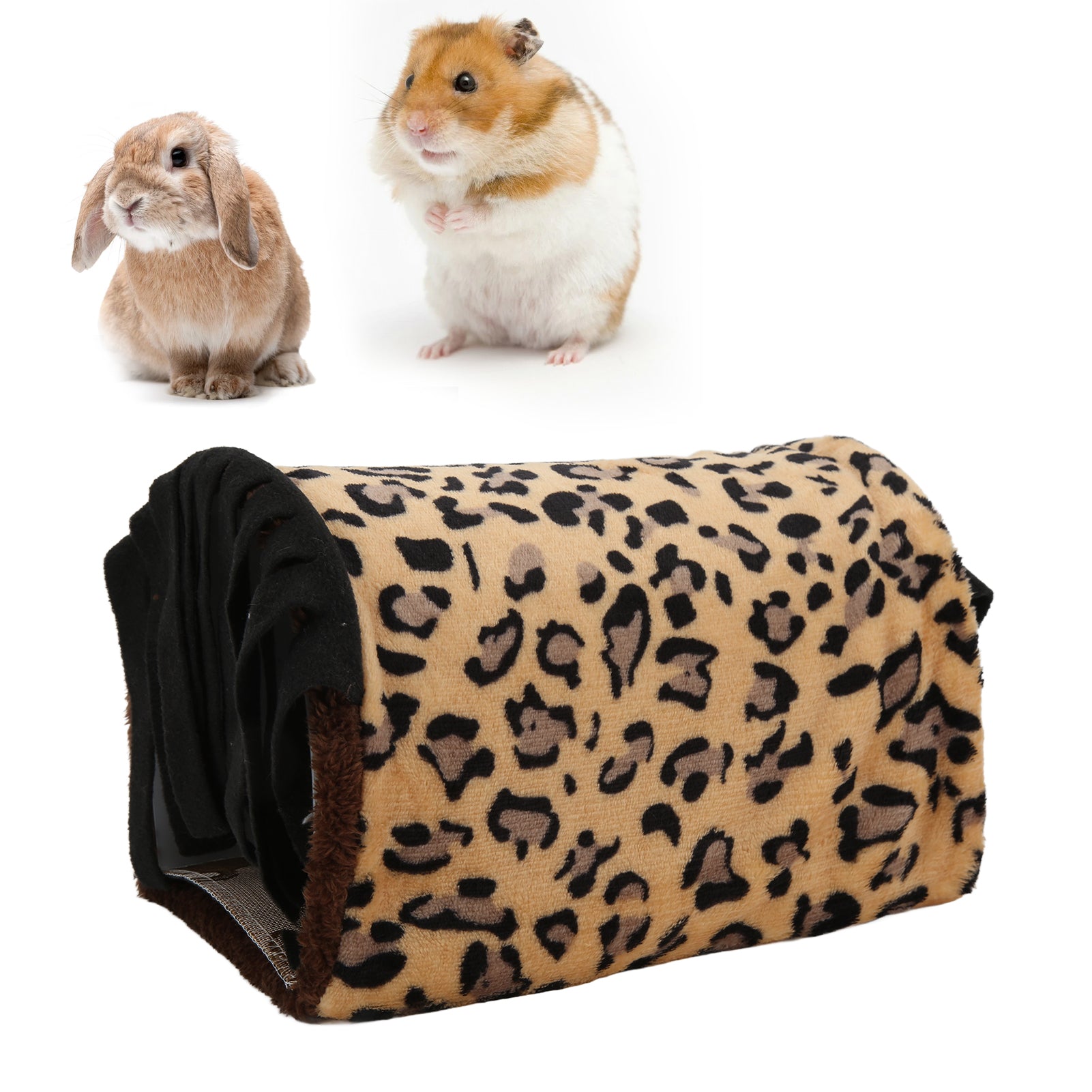 Pet Tunnel House， Shading Flannel Leopard Small Animal Hideaway Tube  For Hamster For Guinea Pig Black