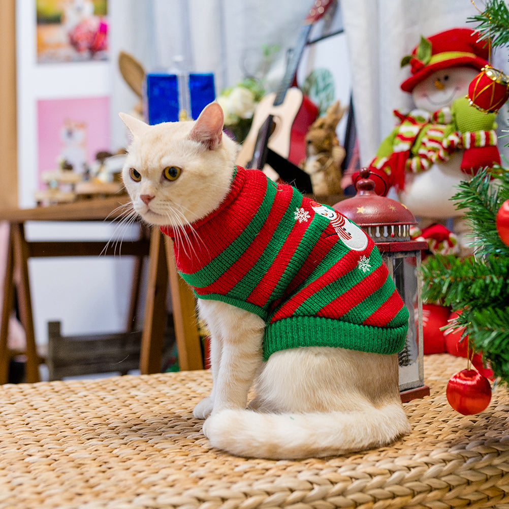 Pupteck Cat Christmas Sweater - Snow Man Stripes Cats Holiday Sweaters Soft Knit Warm Winter Sweaters Jumpsuits for Cats Small Dogs