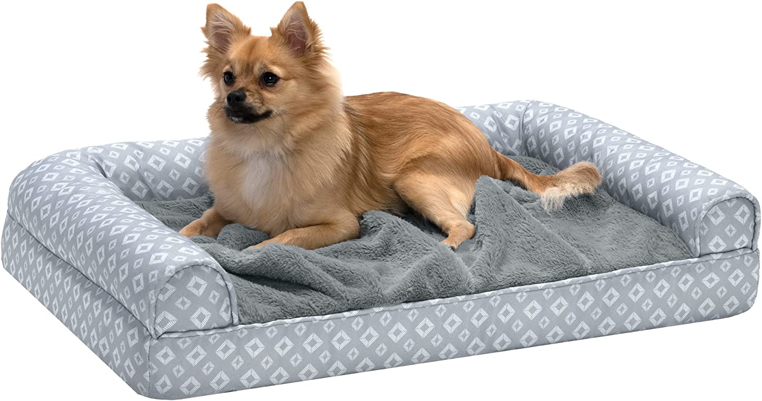 FurHaven Pet Product | Plush Fur and Diamond Print Nest-Top Full Support Orthopedic Foam Sofa Dog Bed - Gray， Medium
