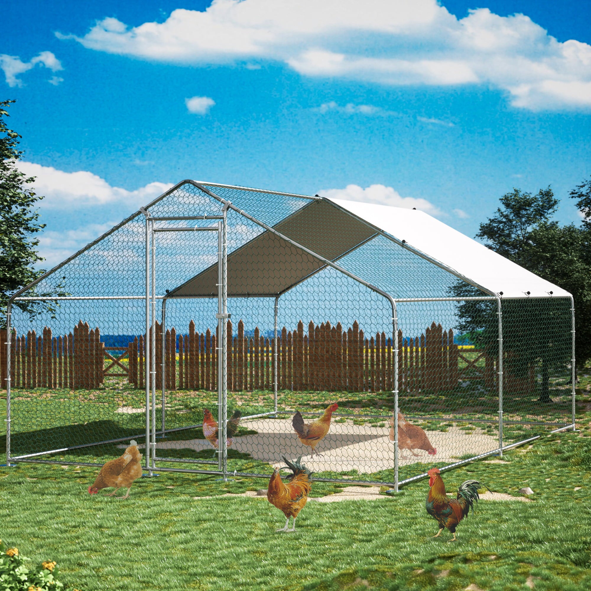 TOETOL Large Metal Chicken Coop， Walk in Poultry Cage Chicken Run with PE Cover
