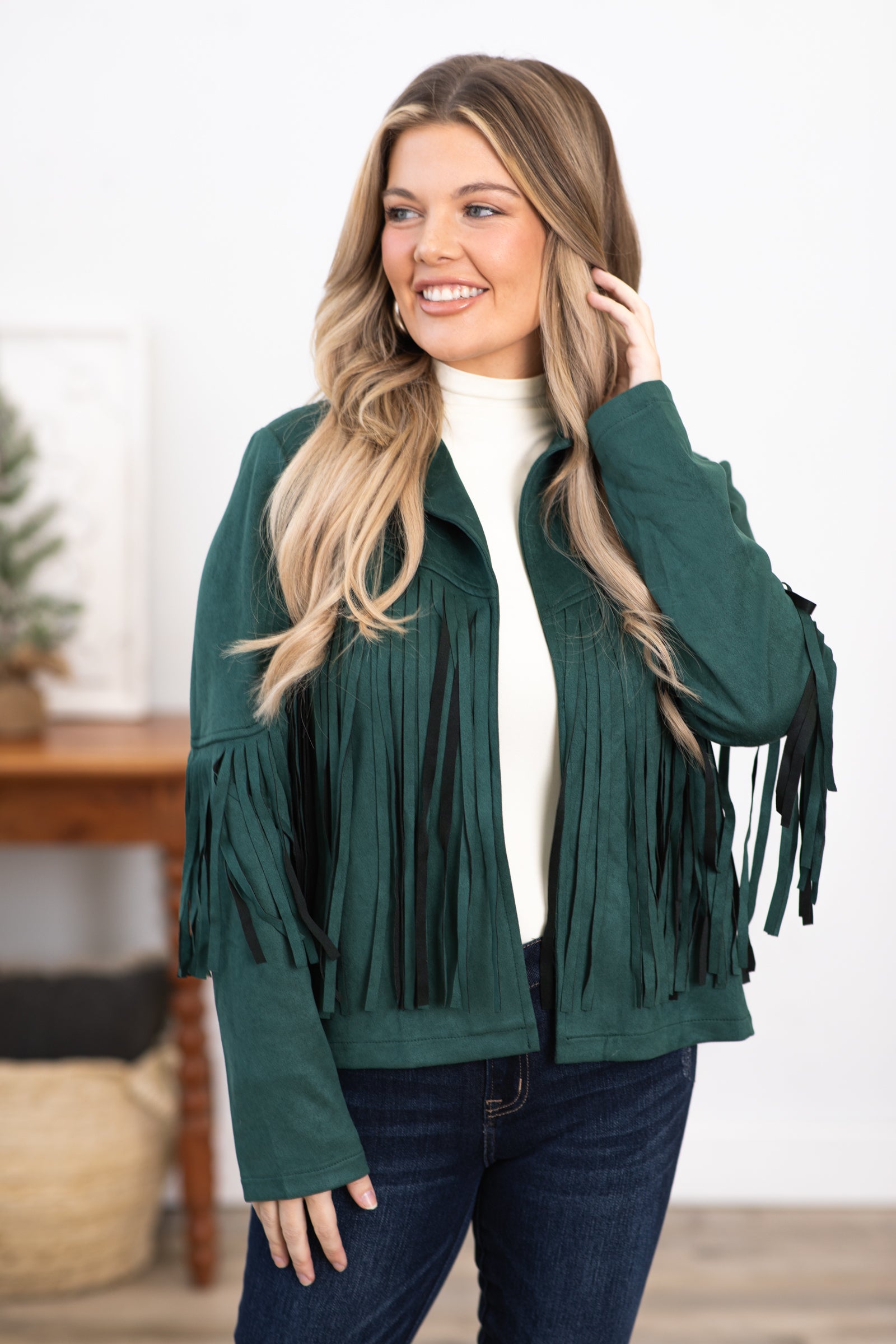 Emerald Green Vegan Suede Jacket With Fringe