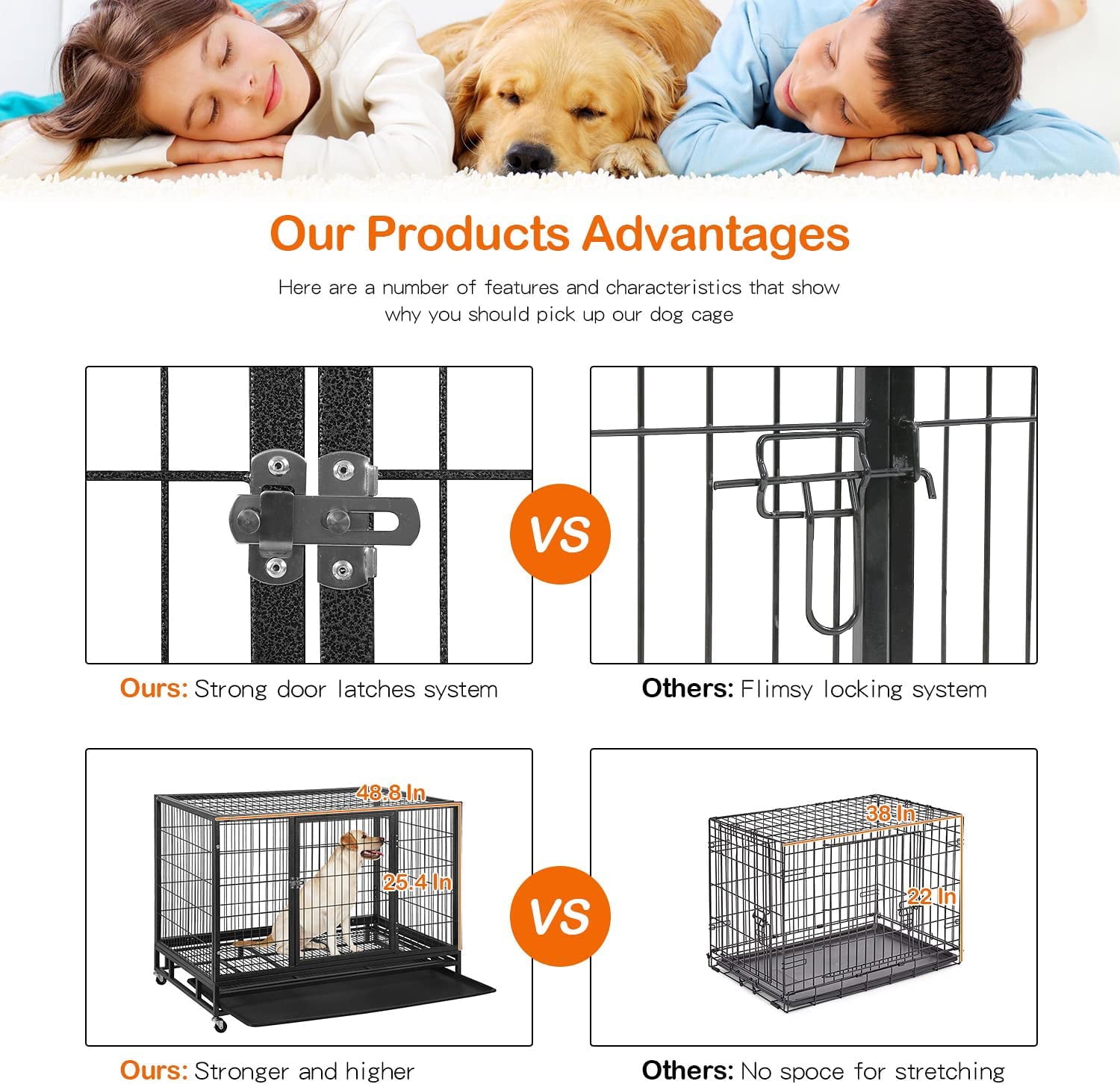 YRLLENSDAN 48 inch XL Large Dog Crate for Large Dogs， Heavy Duty Dog Crates and Kennels with Wheels Plastic Tray Double-Door Lockable Outdoor Metal Pet Dog Cage for Medium Small Dogs