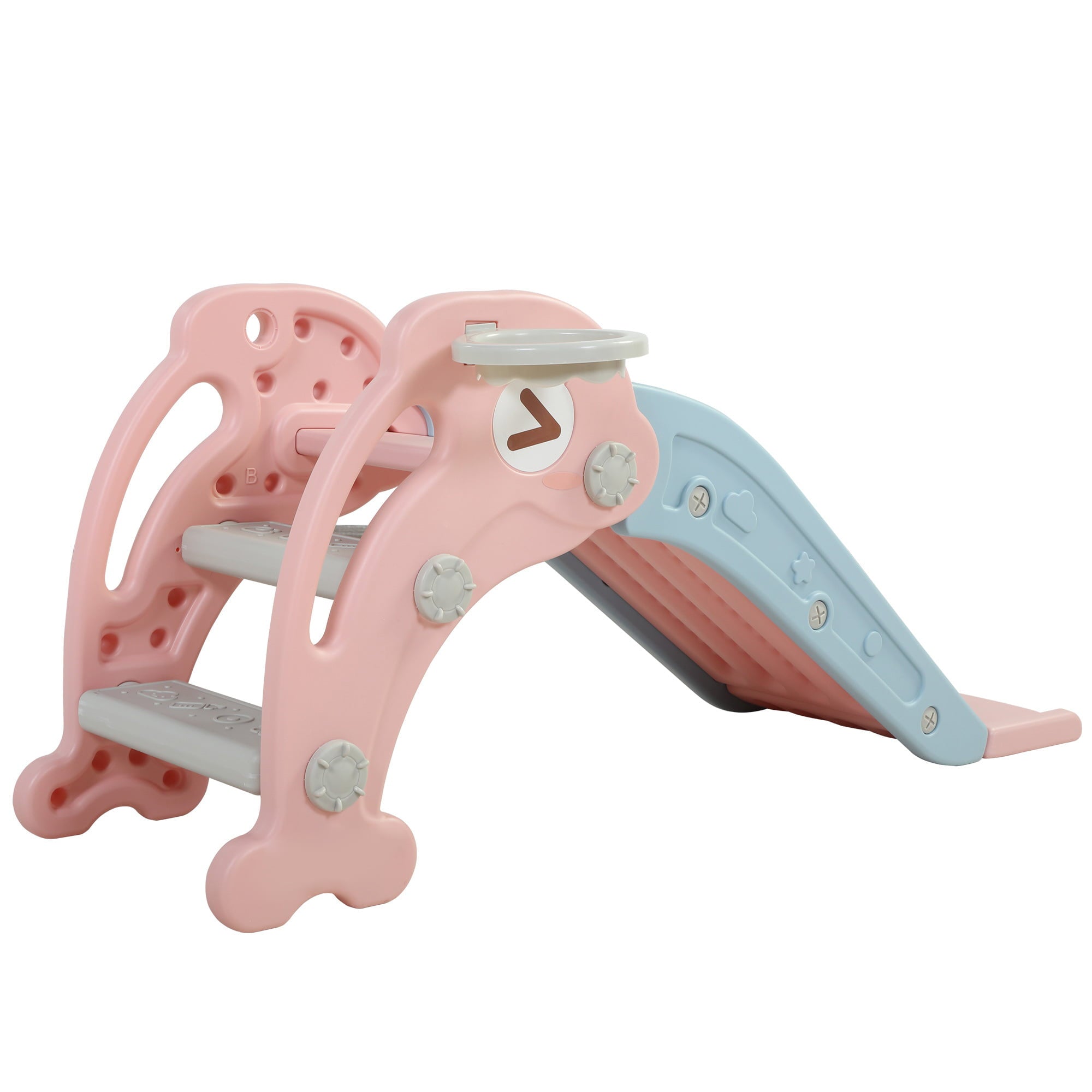 3 in 1 Kids Climber and Slide， Toddler Play Set with Basketball Hoop and Ball， Indoor Outdoor Freestanding Slide for Preschool Boys Girls - Pink