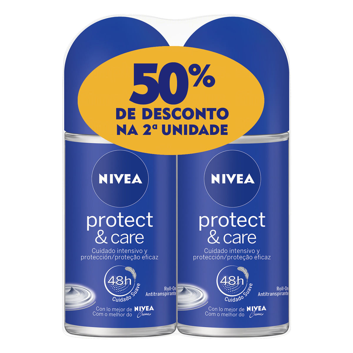 Pack Desodorante Antitranspirante Roll-On Nivea Protect & Care 2 Unidades 50 ml Cada Gratis 50% de Desconto na 2a Unidade