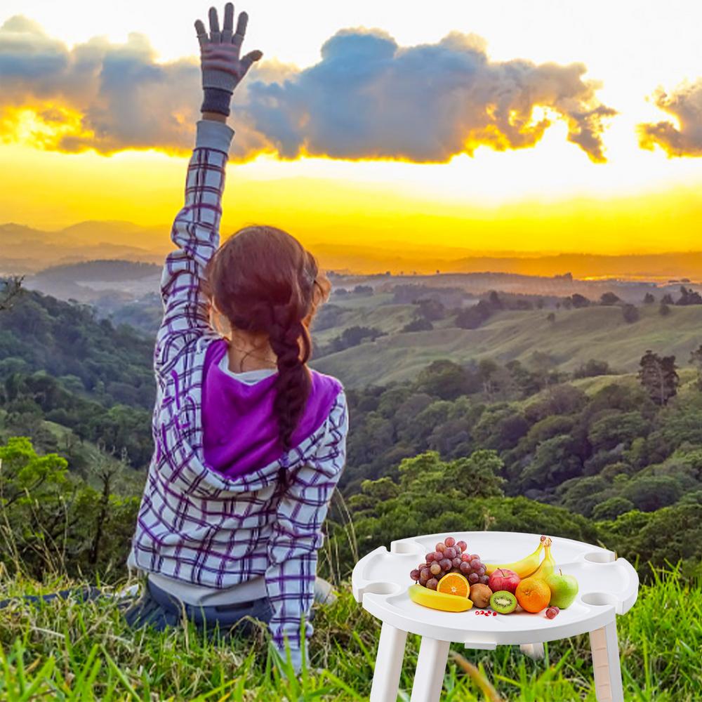 IMSHIE Round Folding Table， Portable Outdoor Wine Table Folding Picnic Tray， White Pink Folding Picnic Table with Glass Holder， Folding Desk for Camping methodical