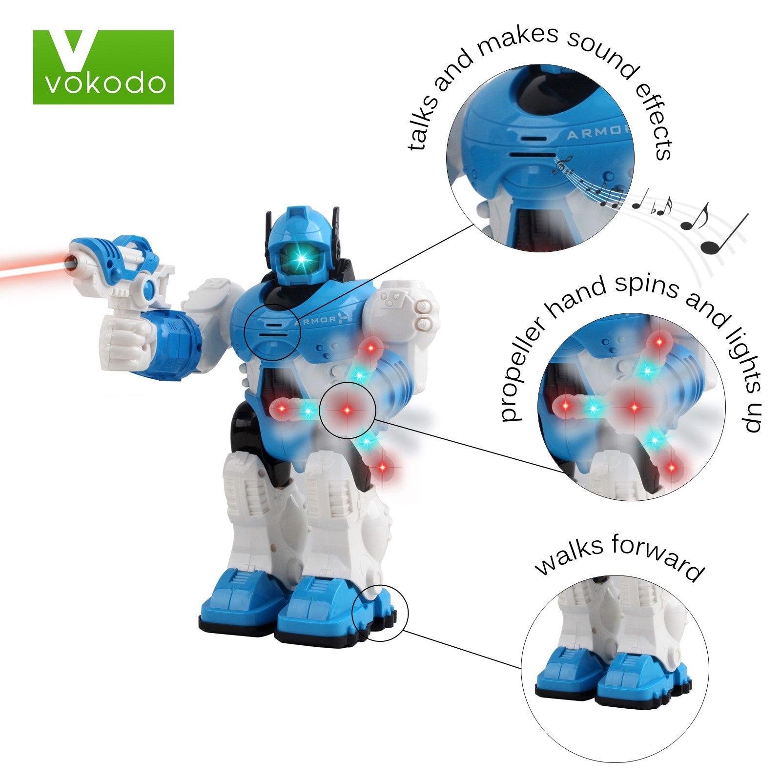 Vokodo Interactive Walking Toy Robot With Spinning Hand Lights And Sound Effects Kids Smart Police Robocop Android Robotic Cop Play Action Battery Operated Great Gift For Children Boys Girls Toddlers