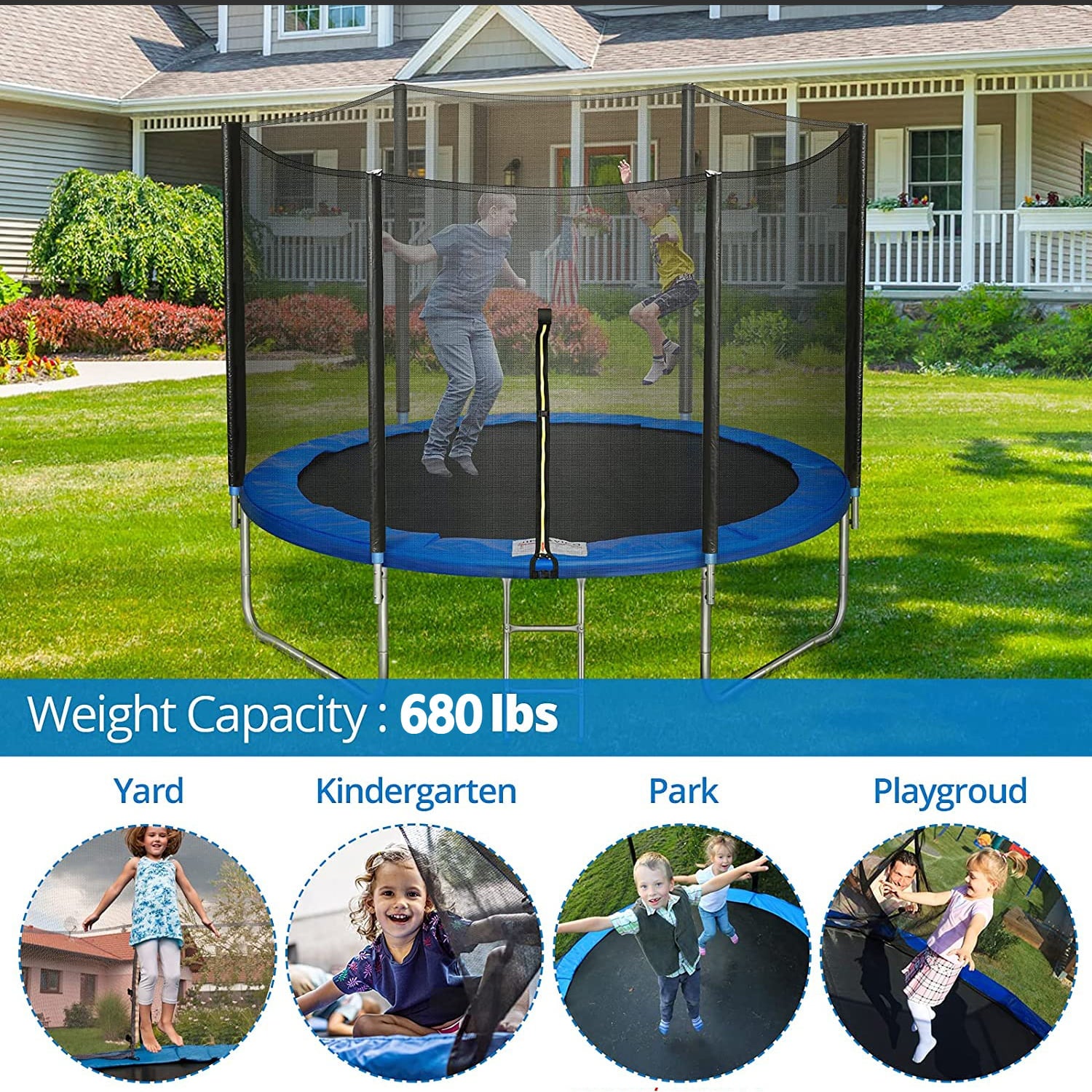 SKONYON 10 FT Trampoline with Safe Enclosure Net 680 lbs Outdoor Fitness Trampoline with Waterproof Jump Mat Ladder