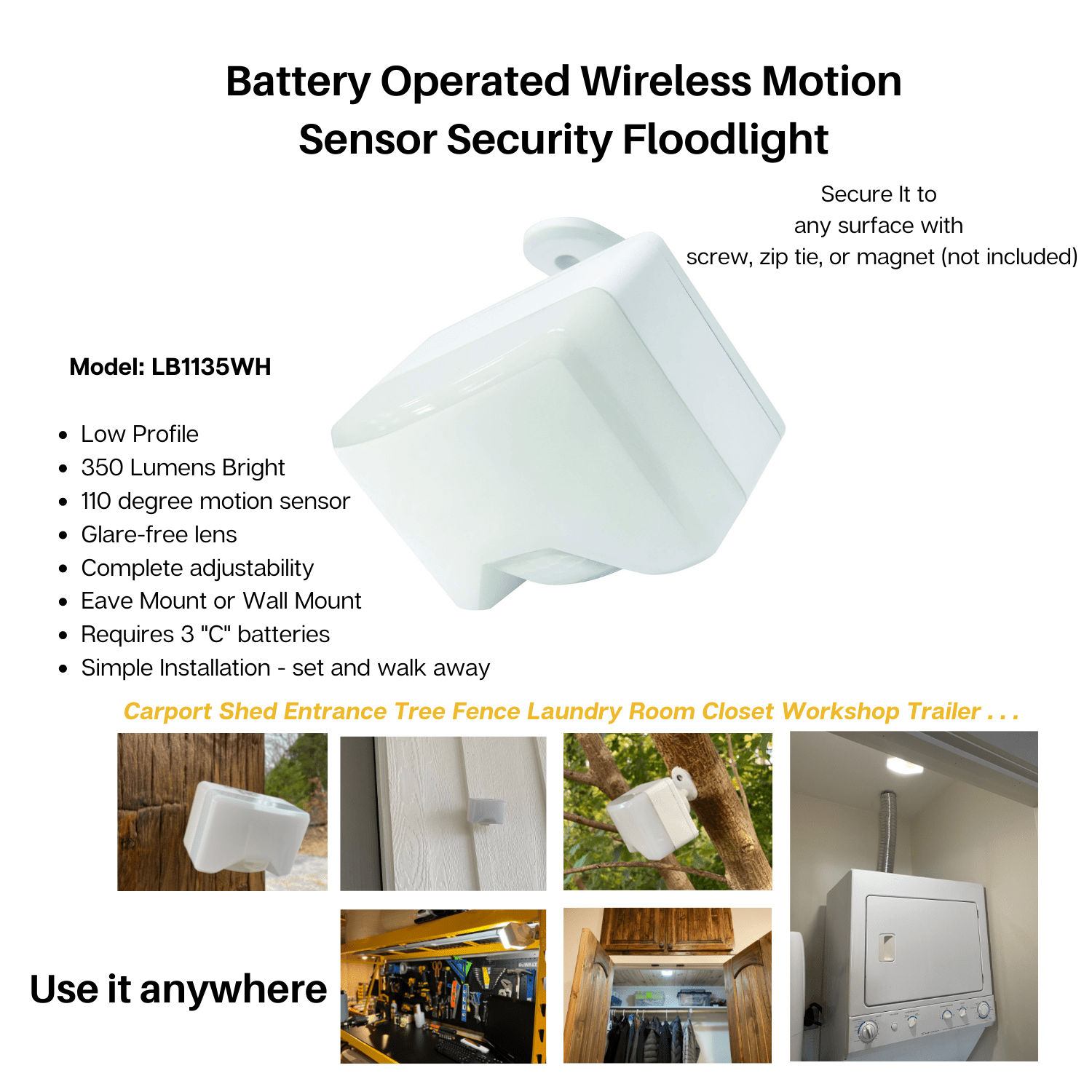 IQ America LB1135WH Motion Security Flood Light， Battery Operated Motion Sensor， 350 Lumen LED Indoor Outdoor Universal Eave Soffit or Wall Mount，Closet Shed Attic Workshop Garage Grill Light